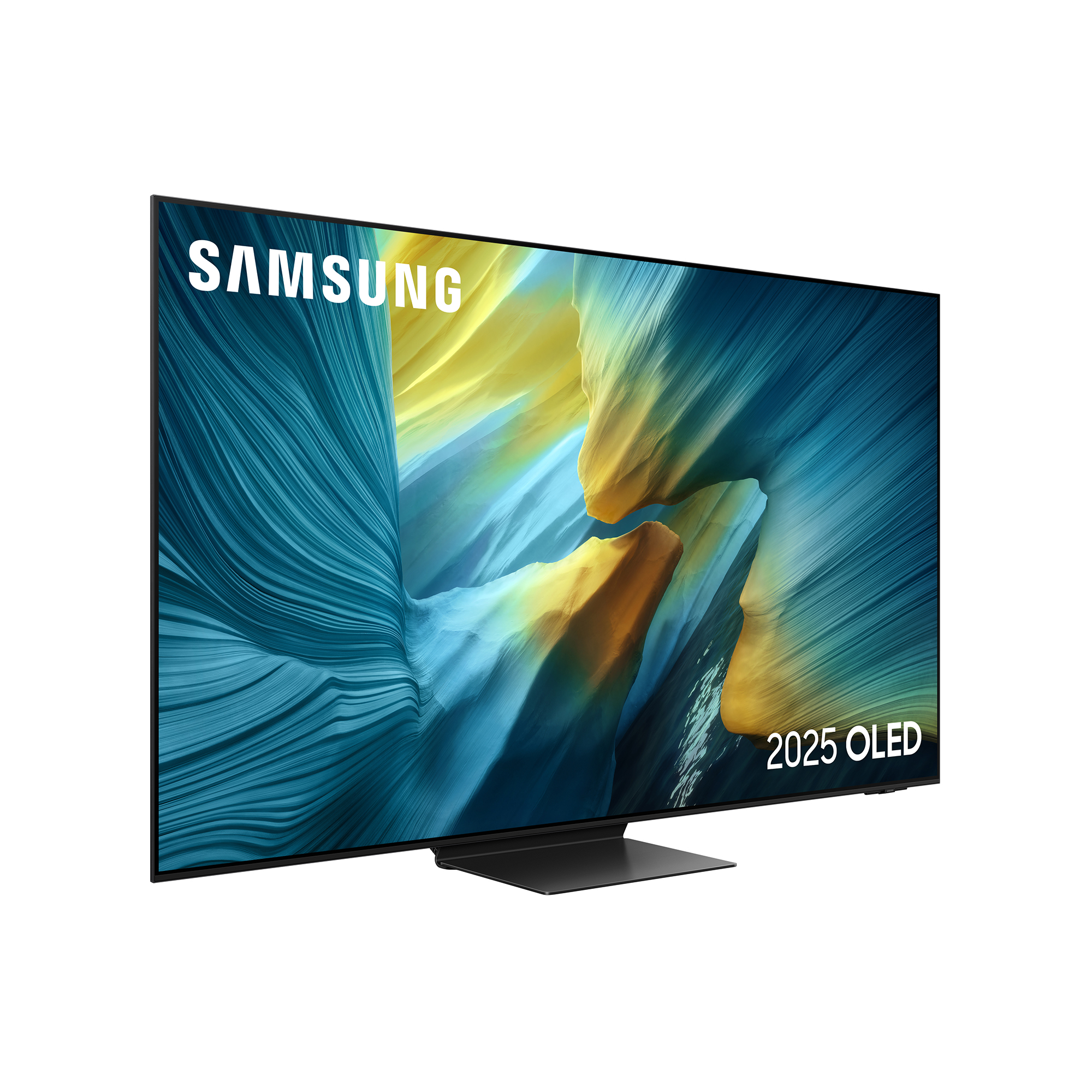 Telewizor Samsung OLED 2025 wyświetla abstrakcyjne tło w kolorach niebieskiego i żółtego.
