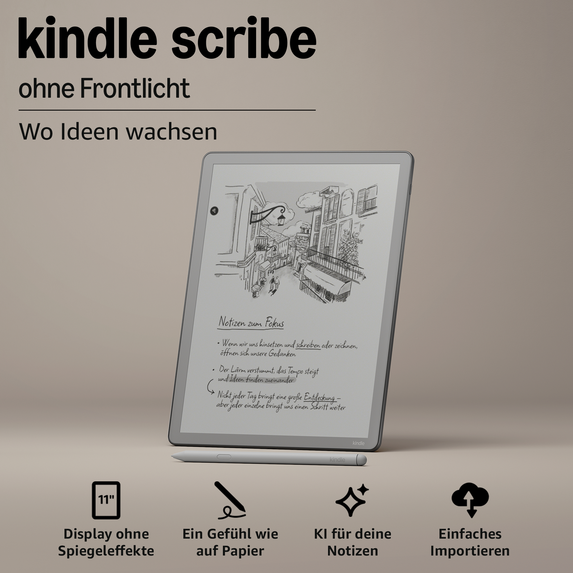 Kindle Scribe mit Stift, 11" Display ohne Spiegelung, Notizen, KI und Import.
