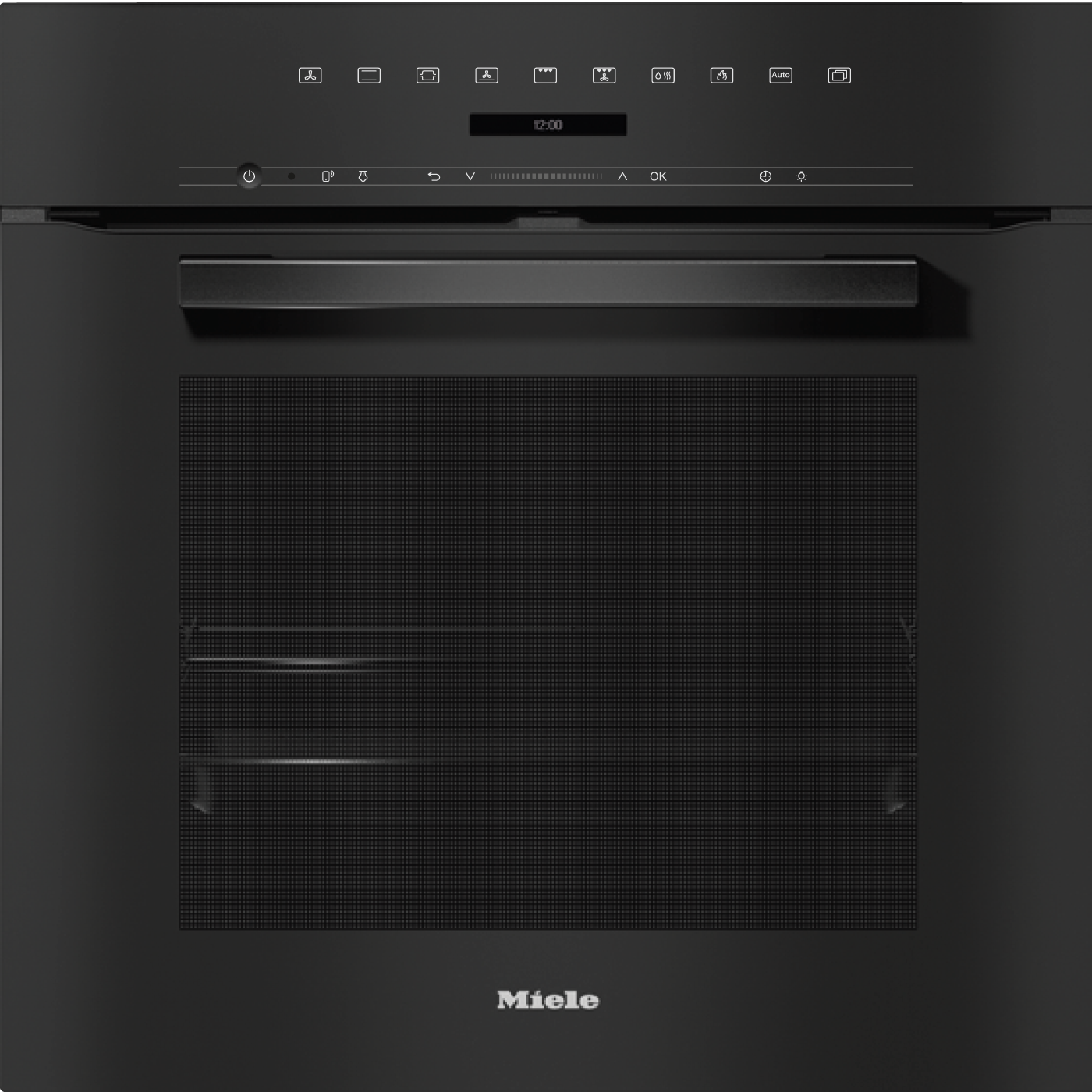 Schwarzer Miele Ofen mit Touchscreen und Griff.