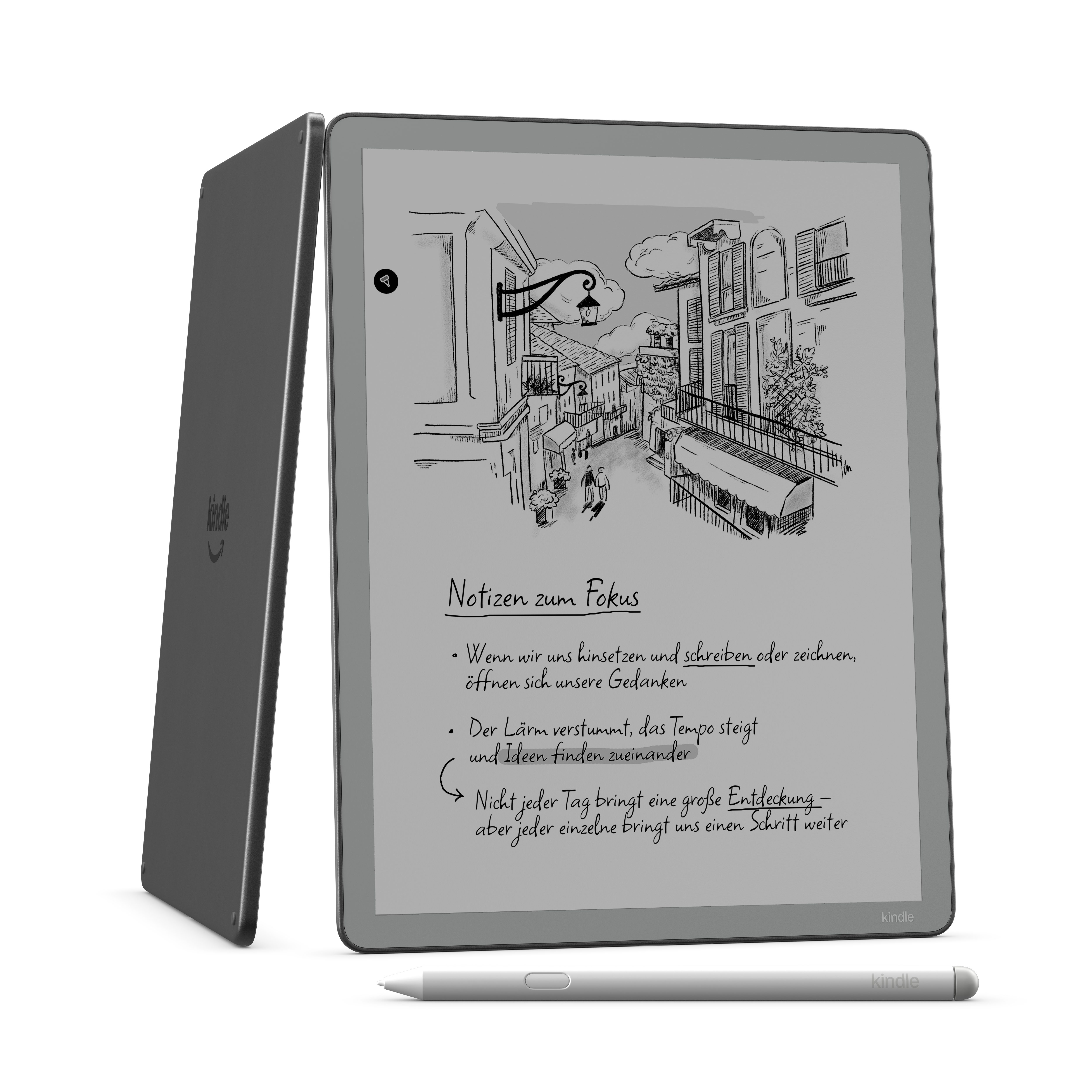 Ein E-Reader und Stift liegen vor einem weißen Hintergrund. Der Bildschirm zeigt eine Zeichnung einer Straße.