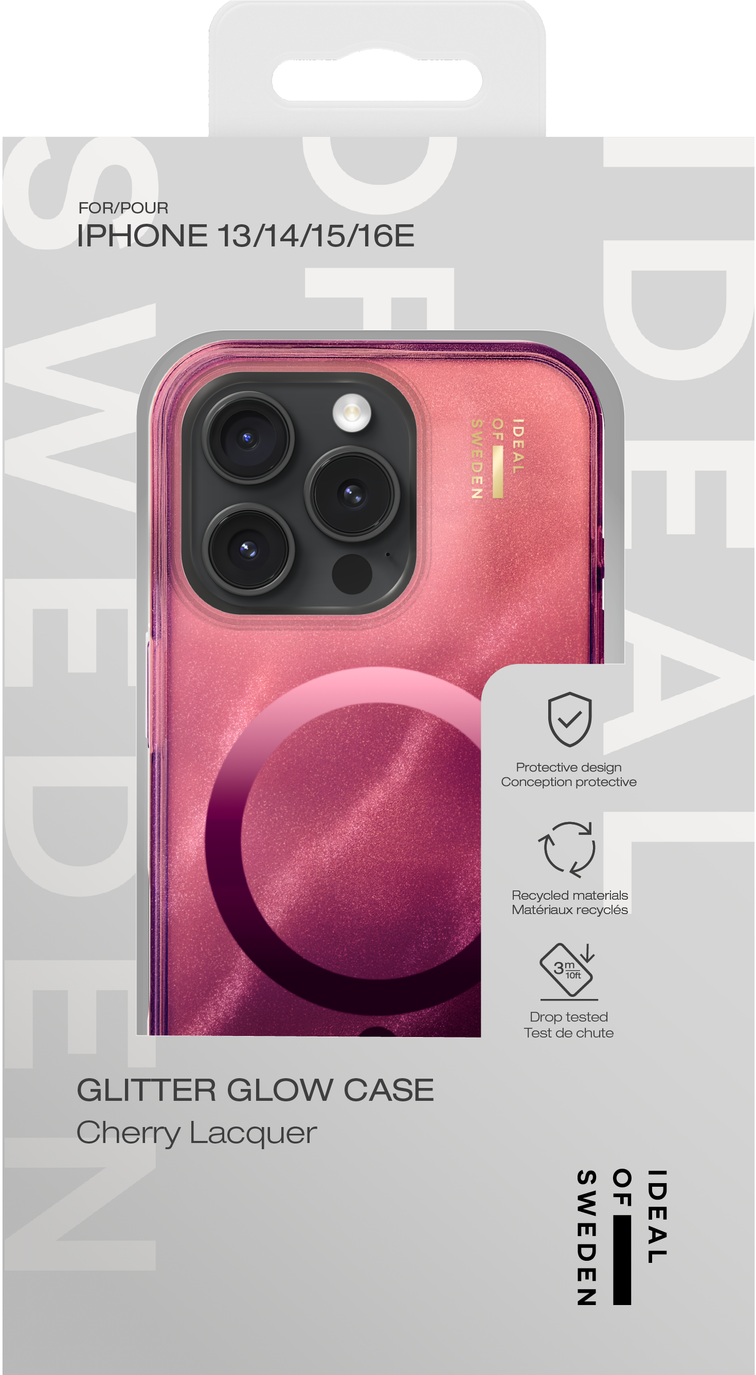 Glitzerhülle für iPhone 13-16E in Kirschlack-Farbe mit Kamerablende.