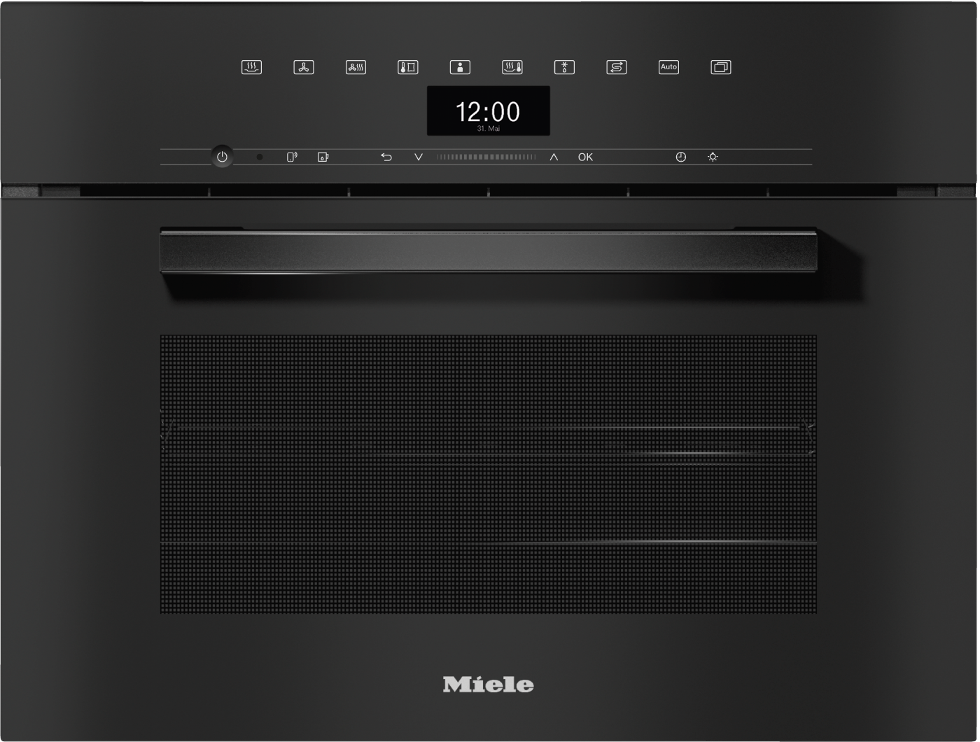 Ein schwarzer Miele-Ofen mit digitaler Anzeige und Griff.