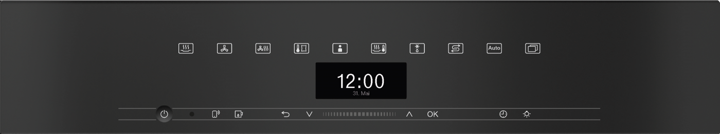 Ein dunkler Touchscreen zeigt 12:00 und Symbole für Heizung, Ventilator, Temperatur, Personen, Wasser, Auto.