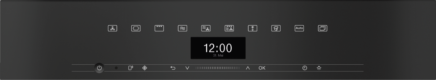 Ein dunkler Bildschirm zeigt 12:00 Uhr, Symbole und Bedienelemente.