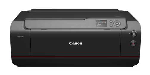 Czarna drukarka Canon Pro-1100 z czerwoną linią na dole i panelem sterowania.