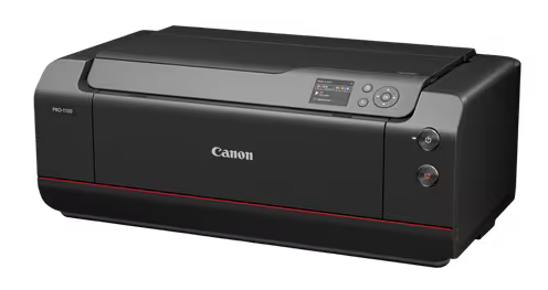 Czarna drukarka Canon z czerwoną linią na dole.