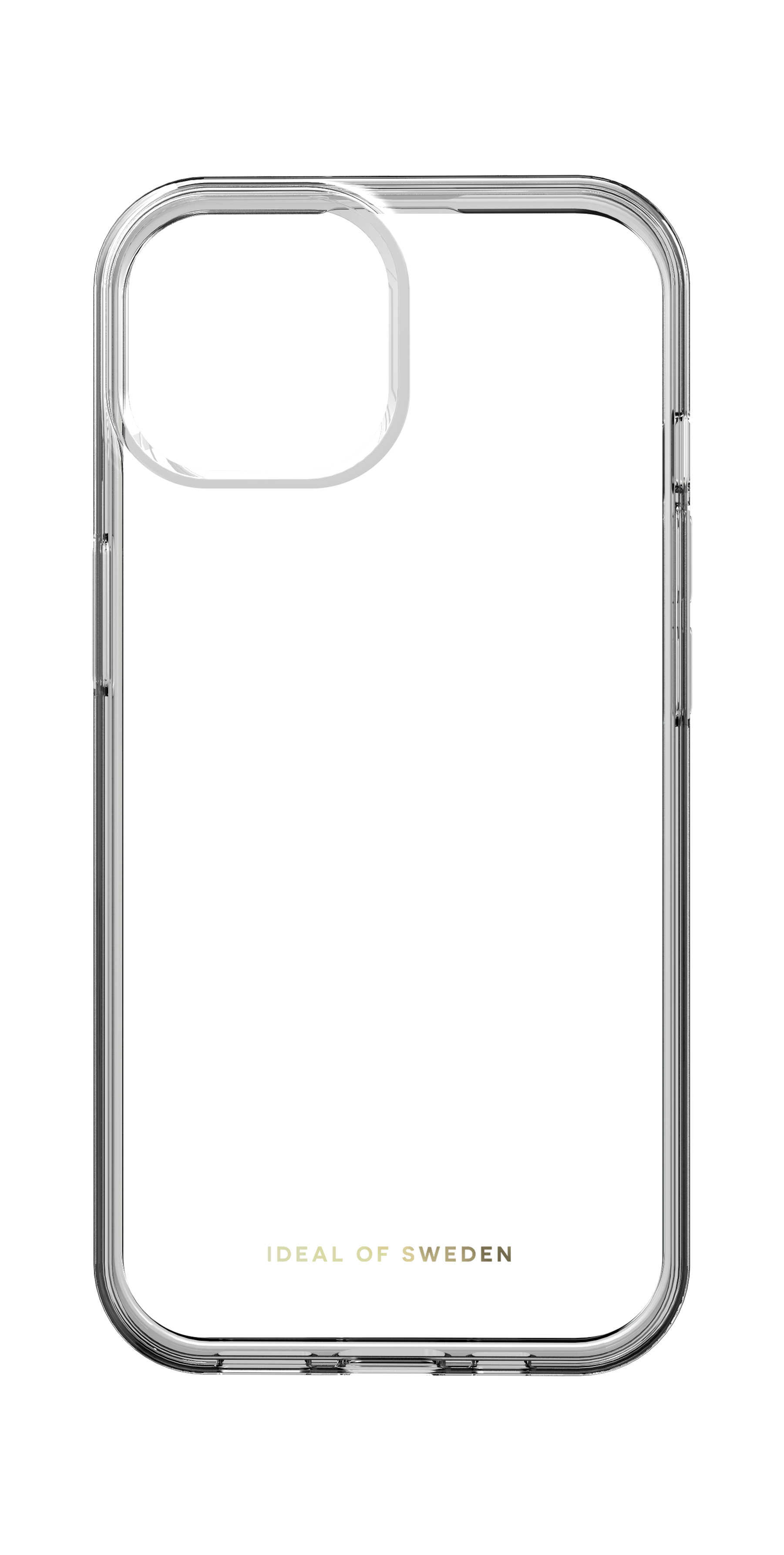 Transparente Handyhülle mit weißem Magnetring-Symbol und goldenem Text.