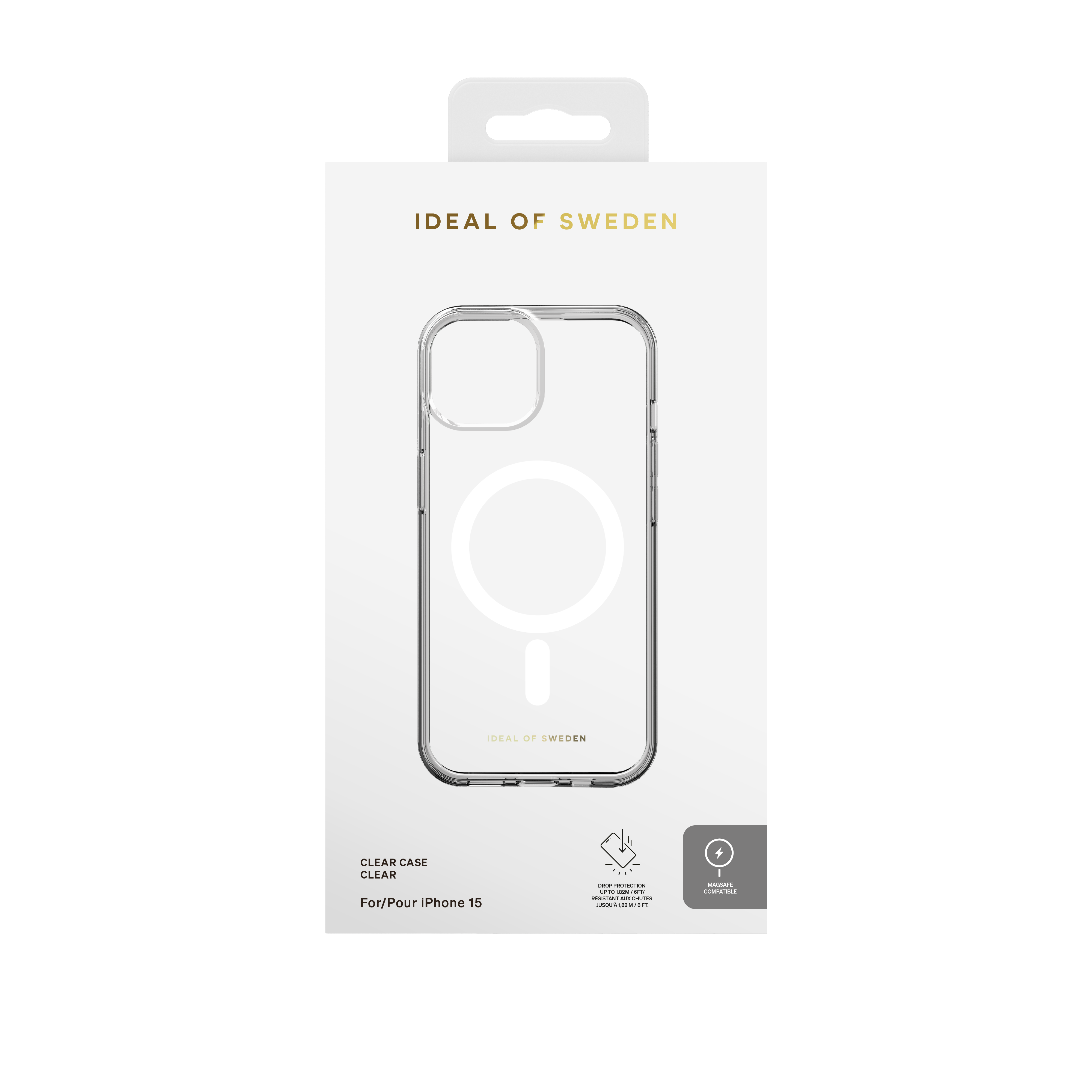 Verpackung für eine klare iPhone 15 Hülle mit MagSafe-Kompatibilität und Fallschutz.