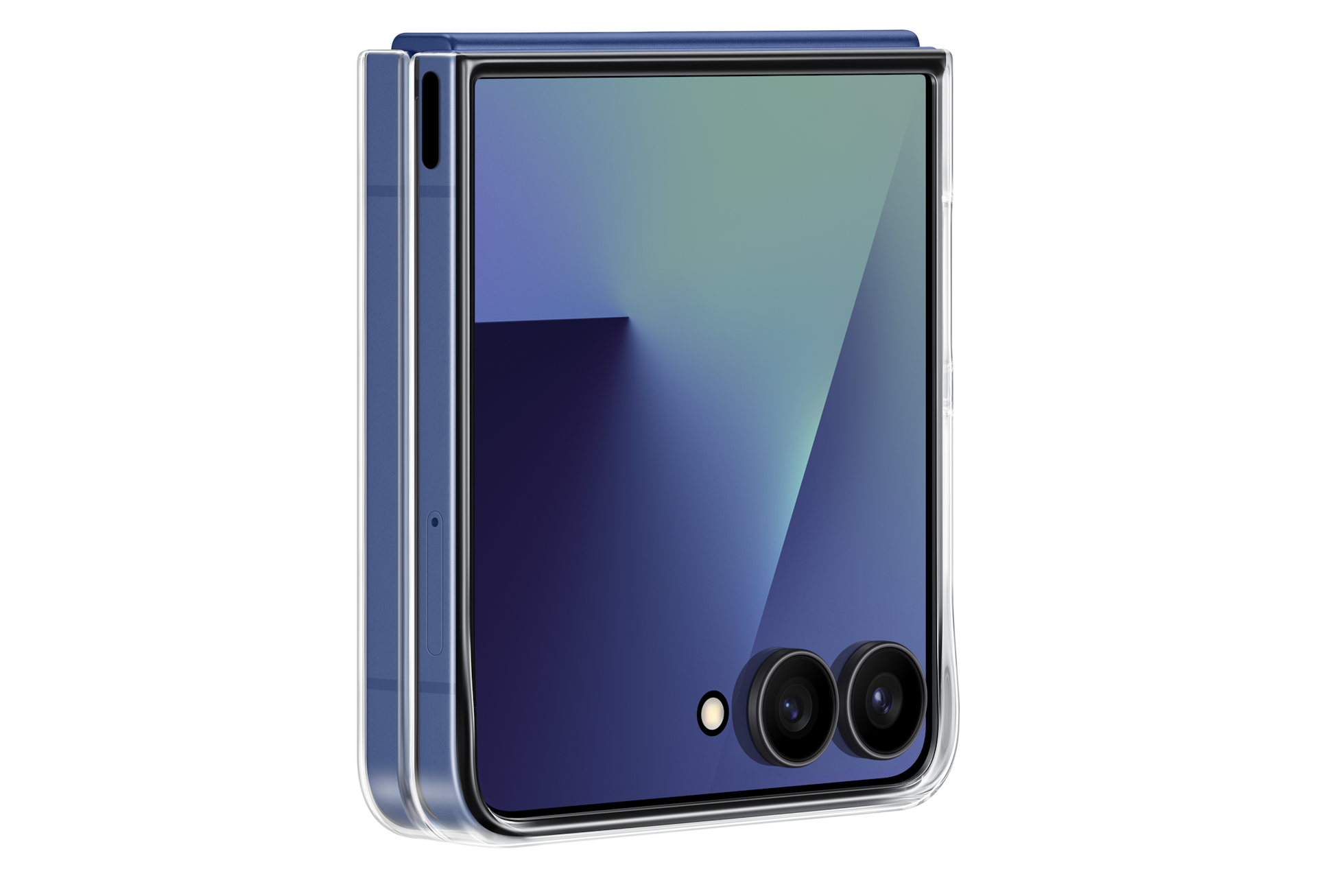 Ein blauer Klapp-Smartphone mit zwei Kameras und einem Blitz.