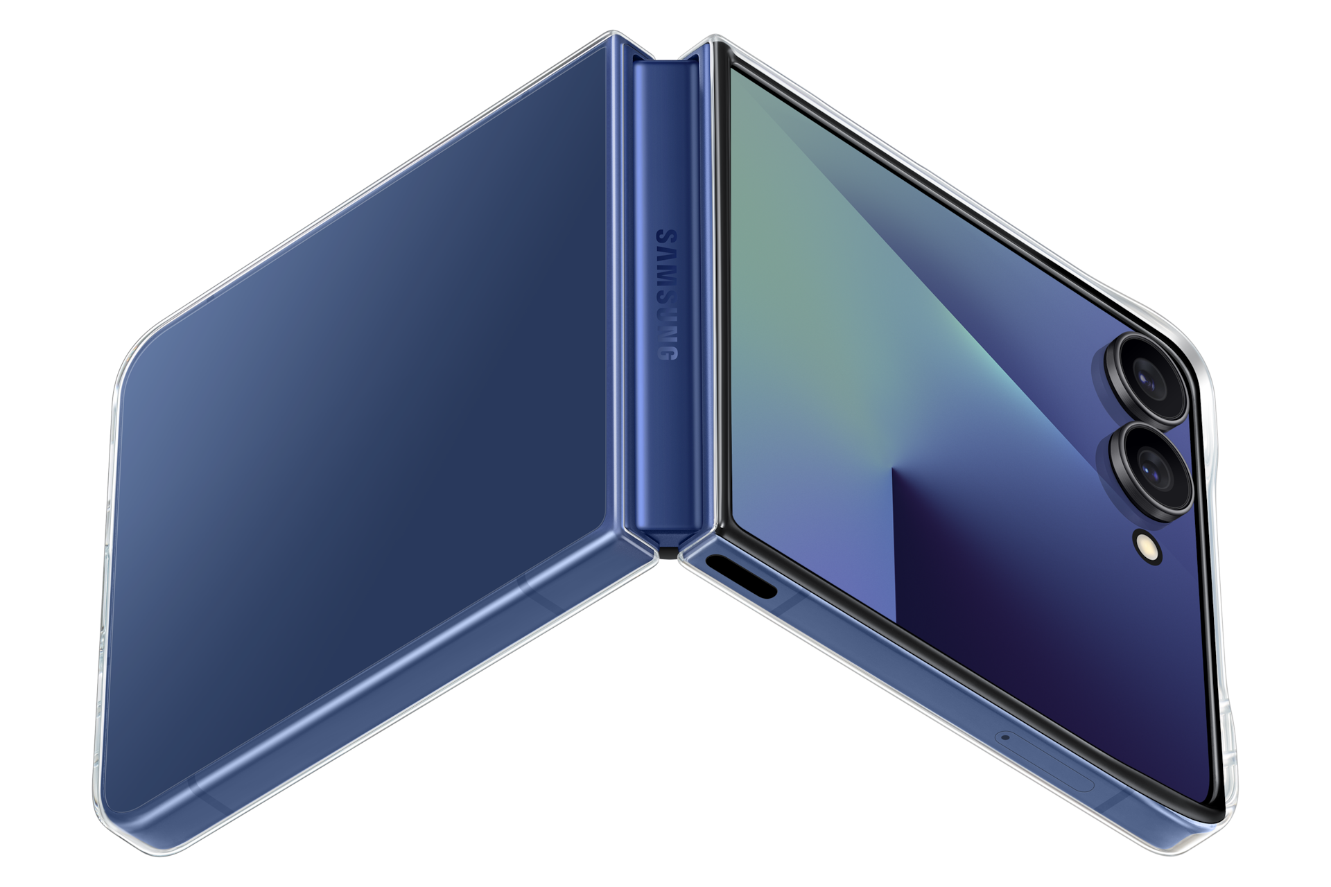 Ein blaues Samsung Flip-Handy, auf beiden Seiten geöffnet, mit Kameras auf einer Seite.