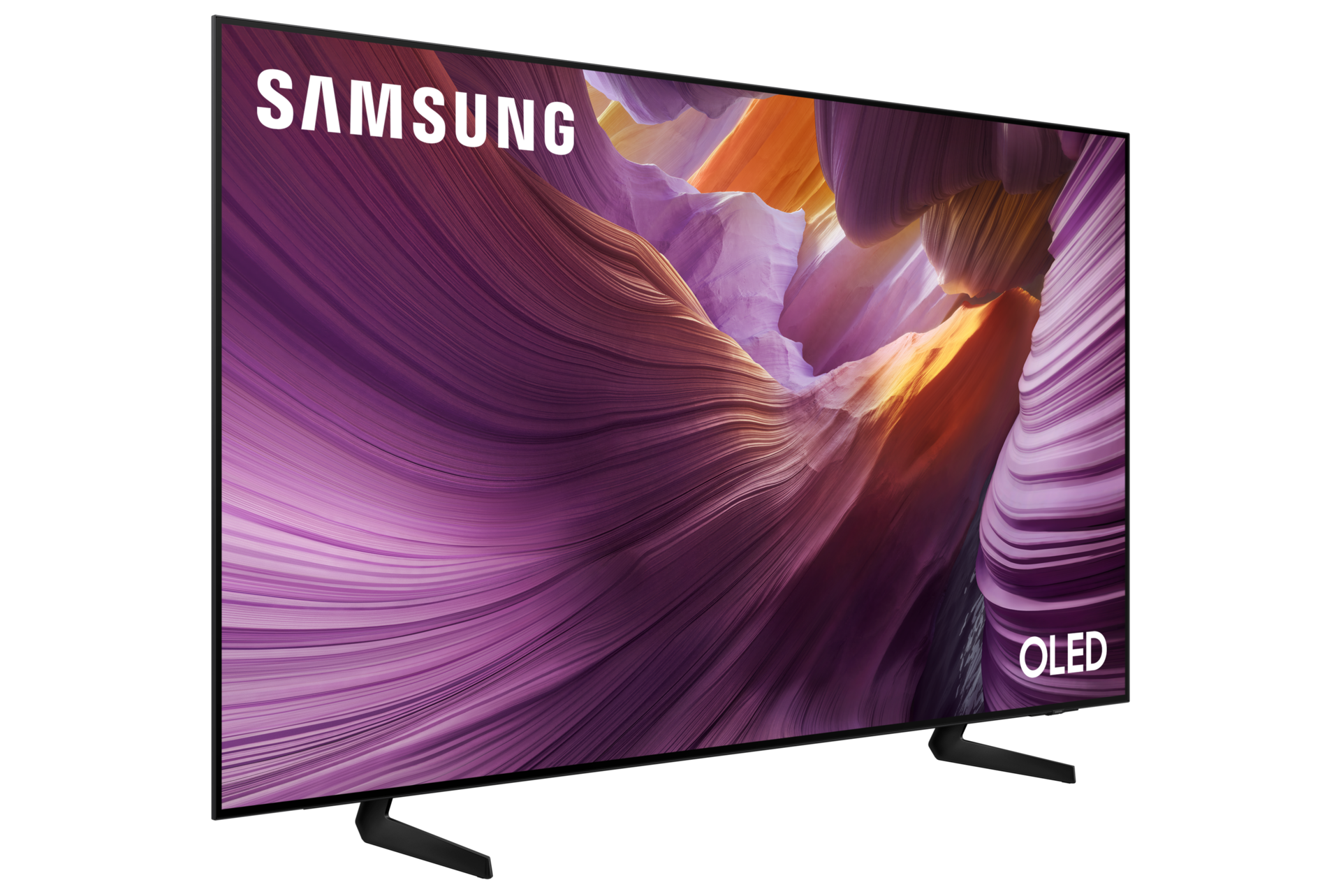 Telewizor Samsung OLED wyświetlający abstrakcyjne, fioletowo-pomarańczowe tło.
