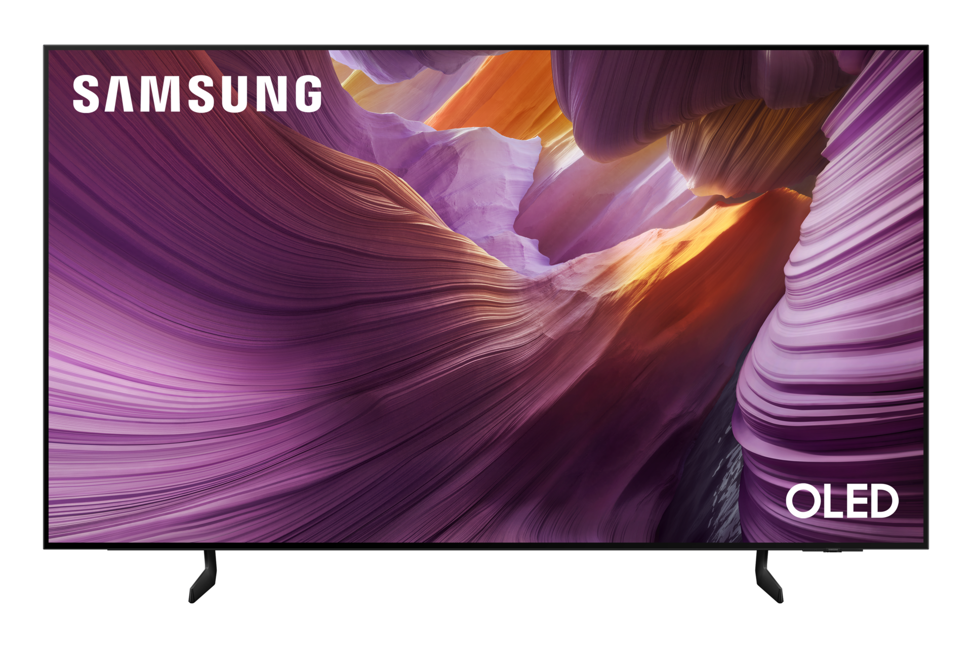 Telewizor Samsung OLED z fioletowo-pomarańczowym tłem.