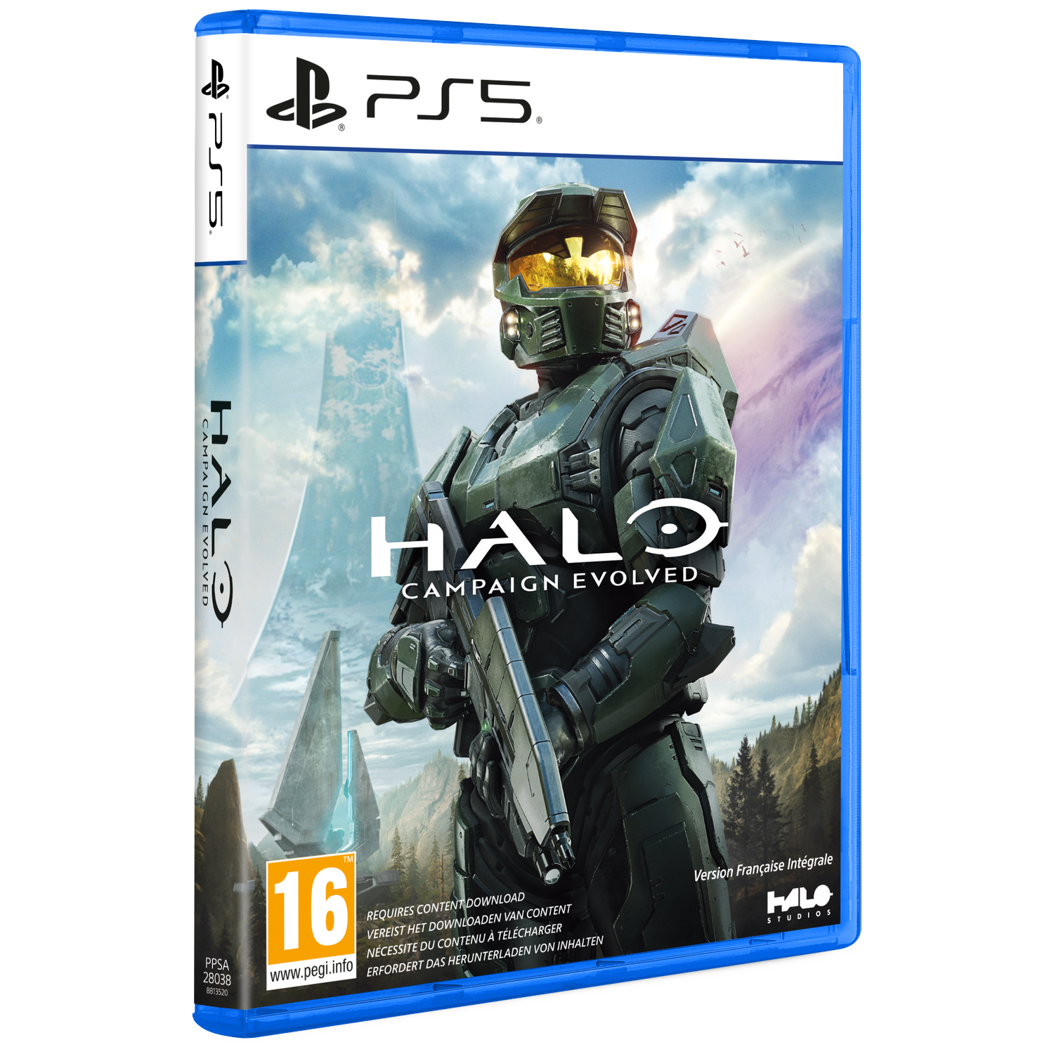 Master Chief in groen pantser houdt een wapen vast voor een gestileerde toren en bos.