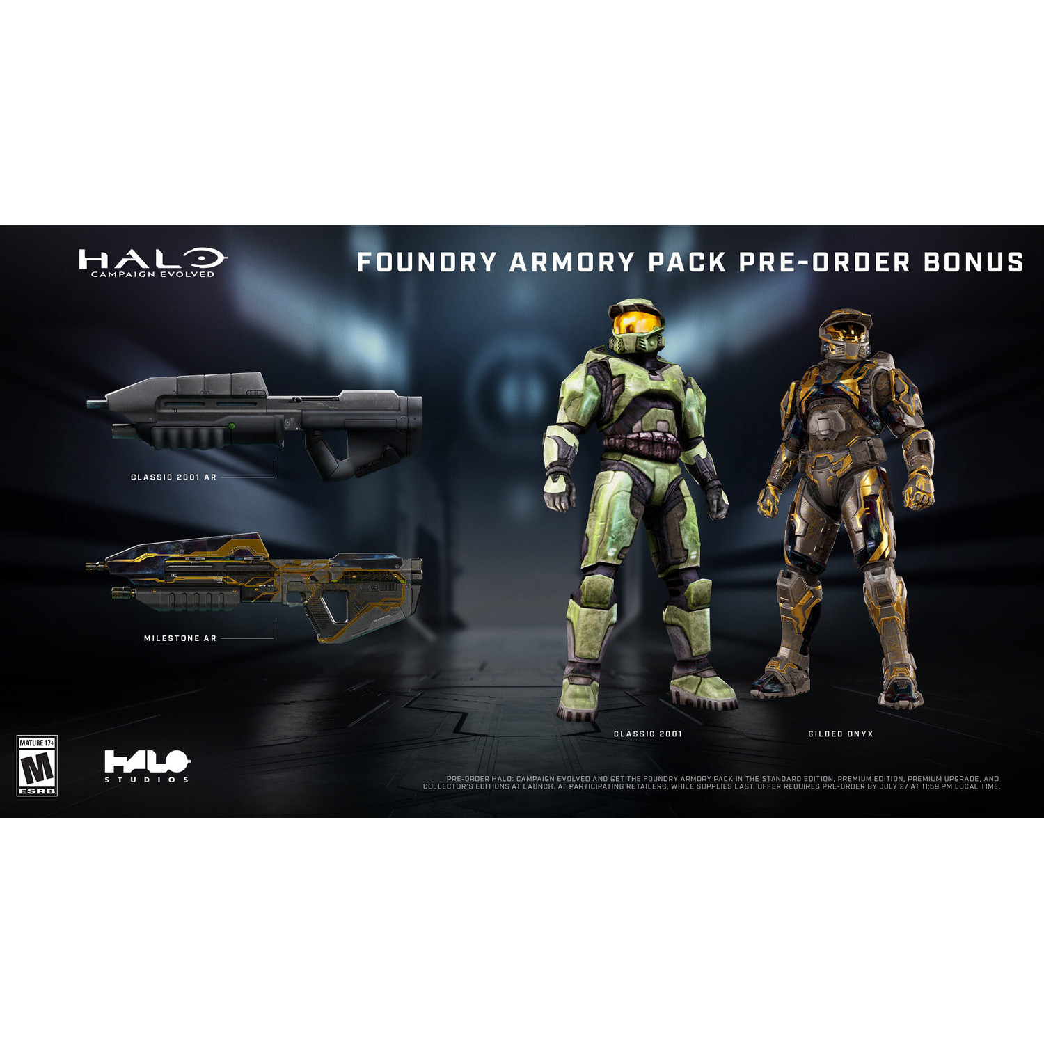 Halo: Een groene en gouden Spartan met wapens. Foundry Armory Pack.