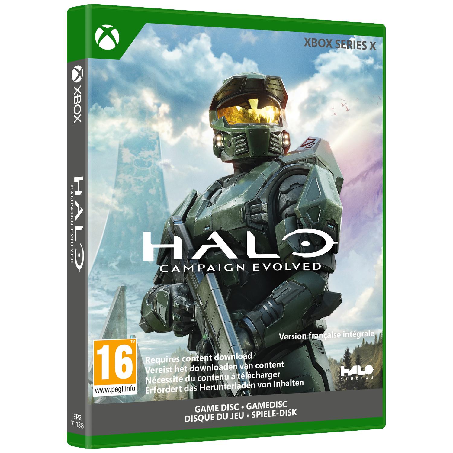Xbox Series X gamecase met Master Chief op de voorgrond, lucht op de achtergrond.