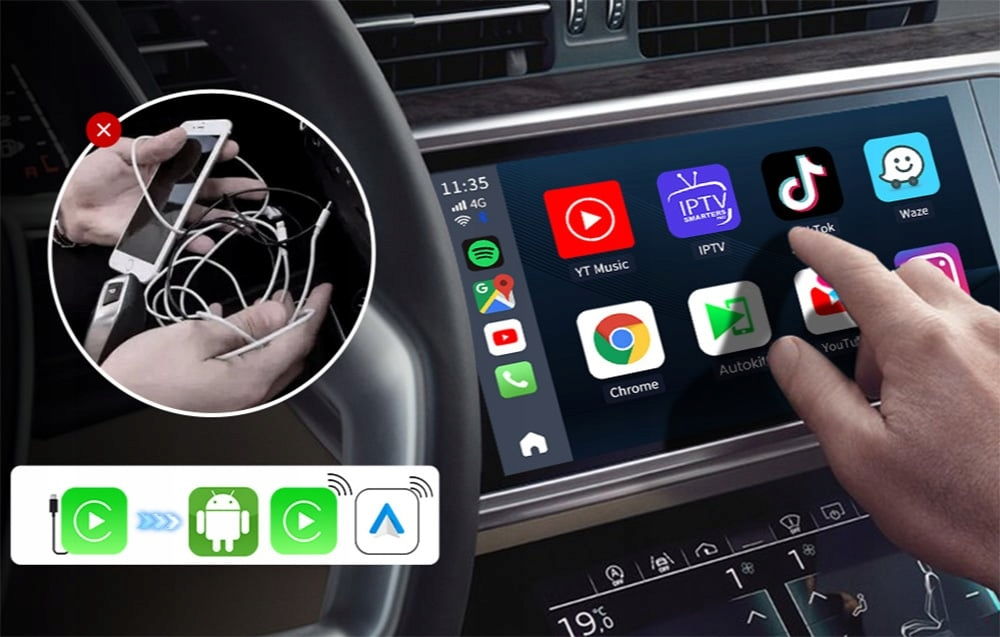Mężczyzna korzysta z systemu infotainmentu samochodowego z aplikacjami takimi jak TikTok, YouTube, Waze.