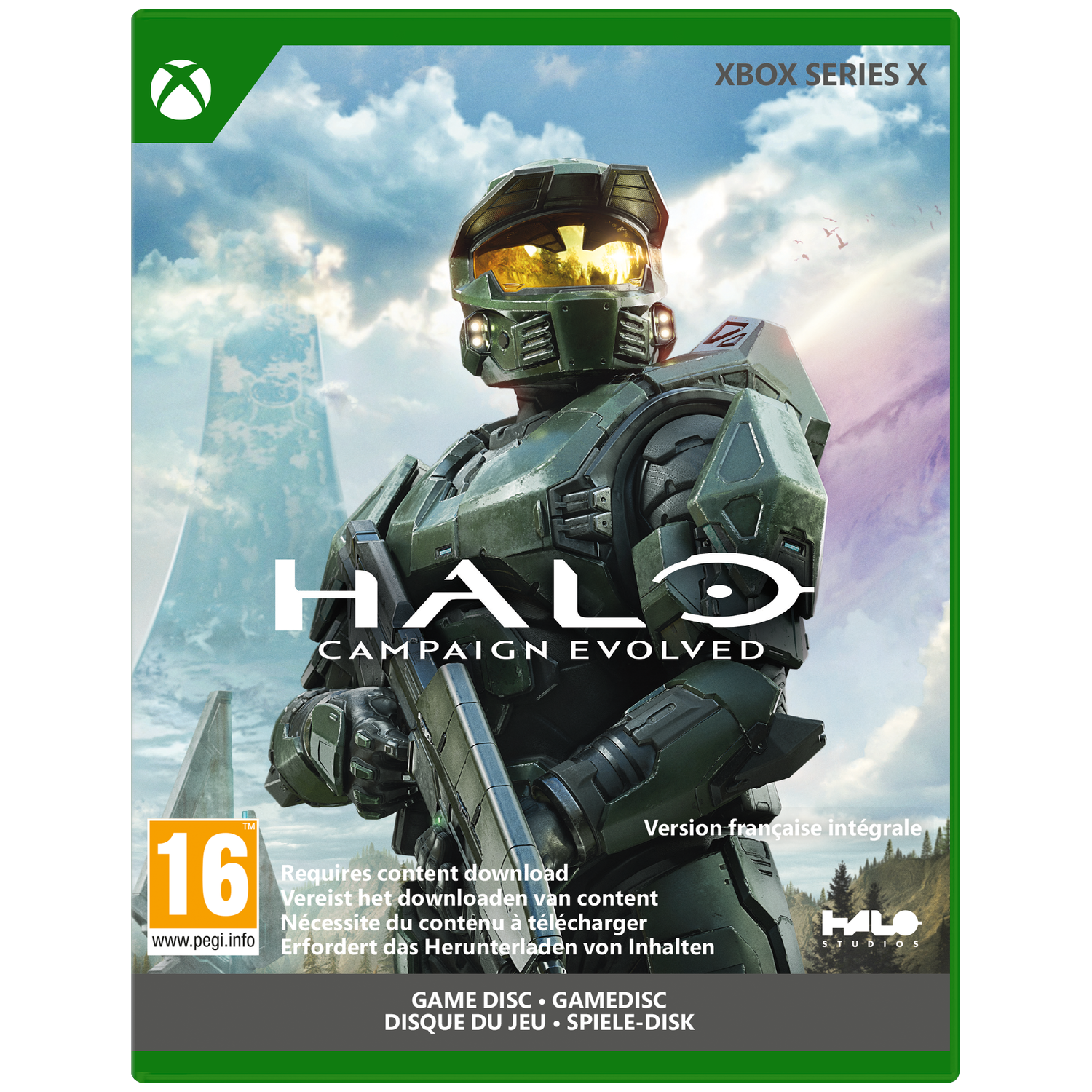 Master Chief in pantser voor een futuristisch landschap en wolken. HALO.