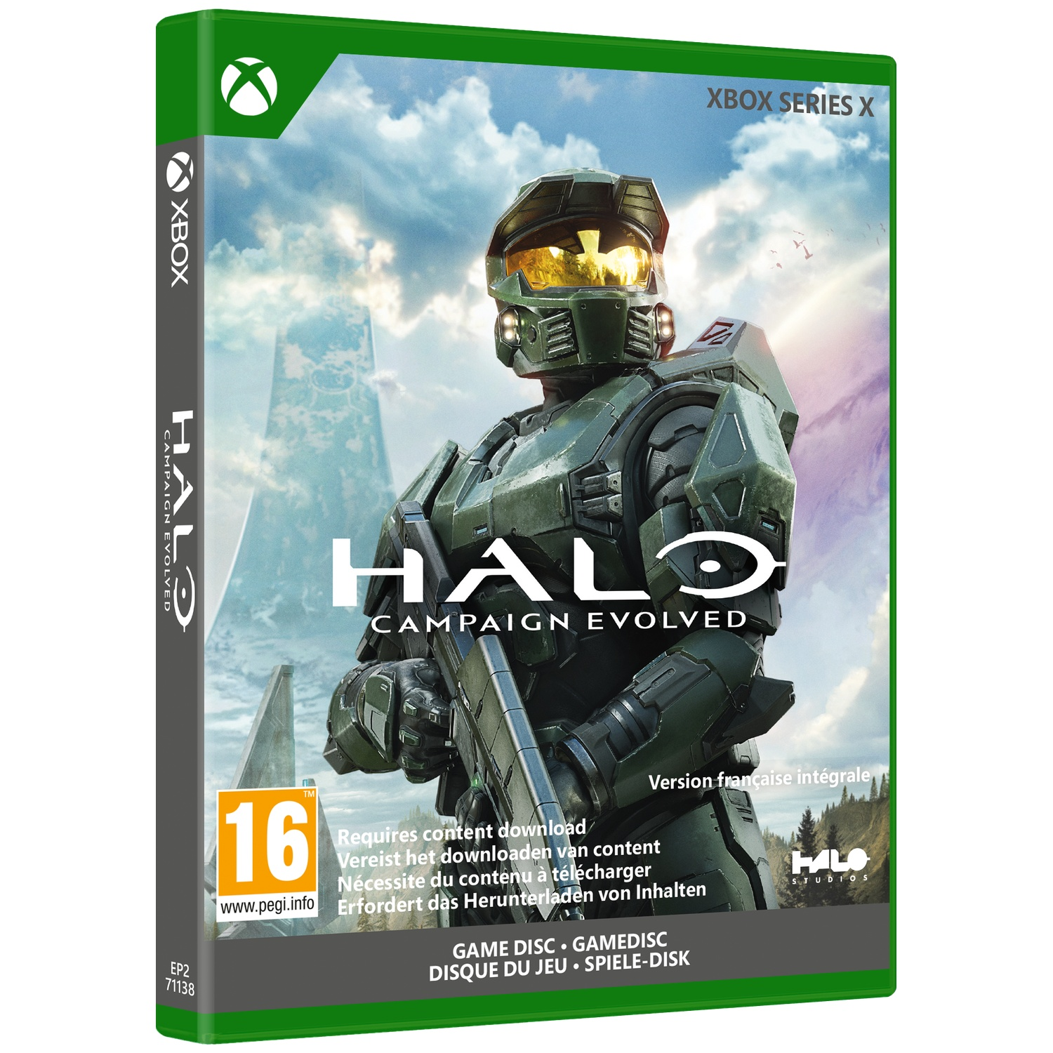 Xbox Series X hoes met Master Chief in pantser, tegen lucht en ruïnes.