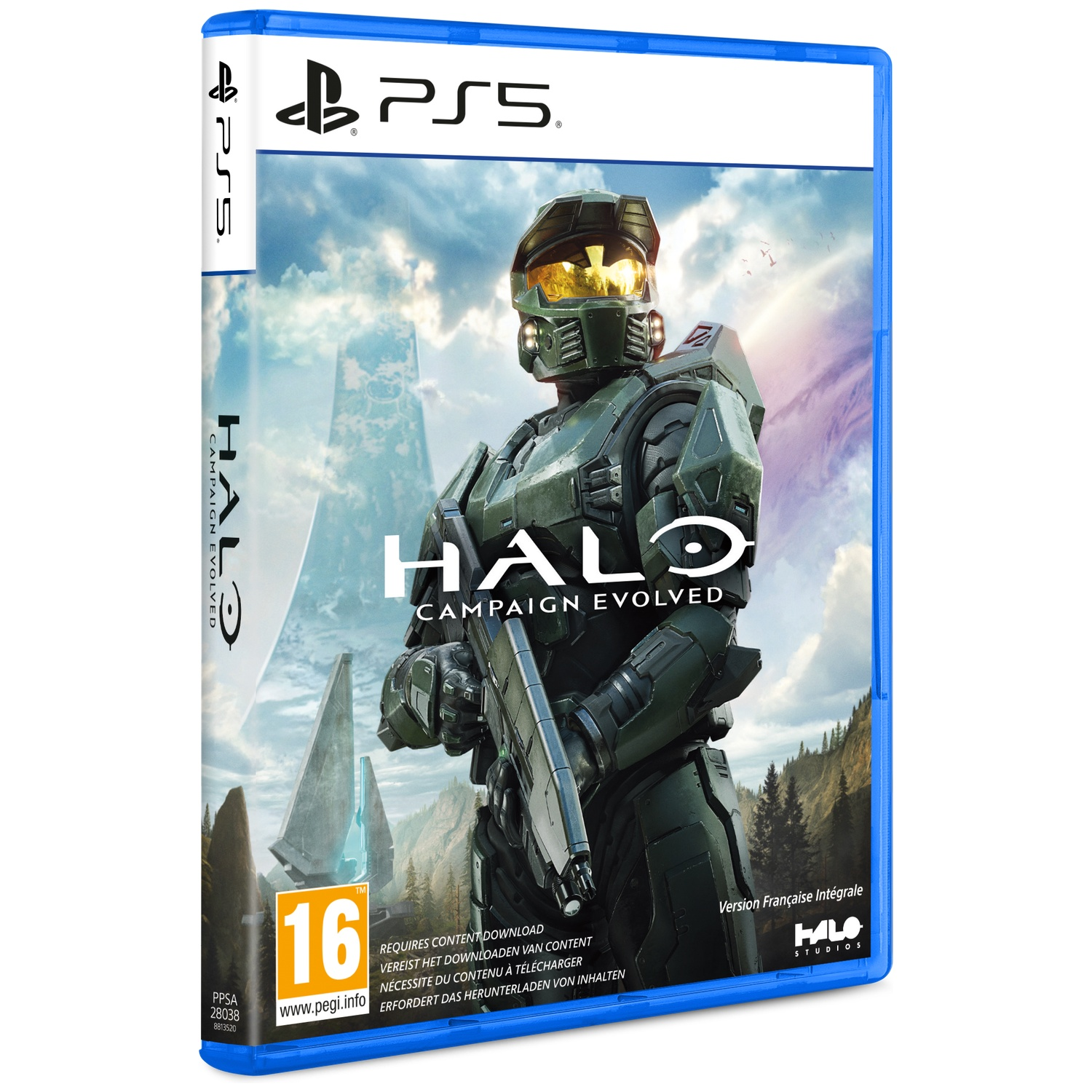 PS5 gamehoes voor Halo Campaign Evolved, met Master Chief die een wapen vasthoudt.