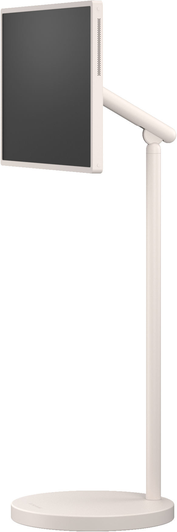 Ein heller Monitor auf einem verstellbaren Standfuß mit runder Basis.