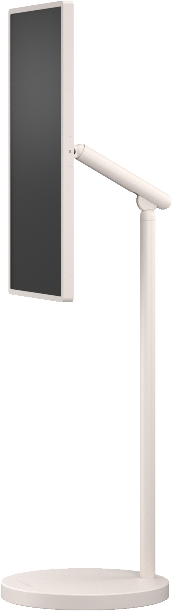 Ein schlanker, cremefarbener Monitor mit einem schwenkbaren Arm auf rundem Sockel.