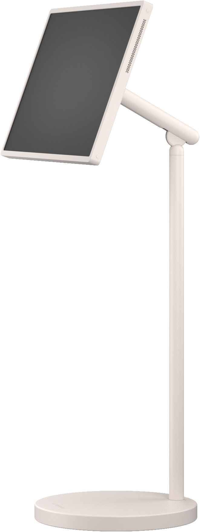 Ein heller Standfuß mit einem Bildschirm, der auf einem schwenkbaren Arm montiert ist.