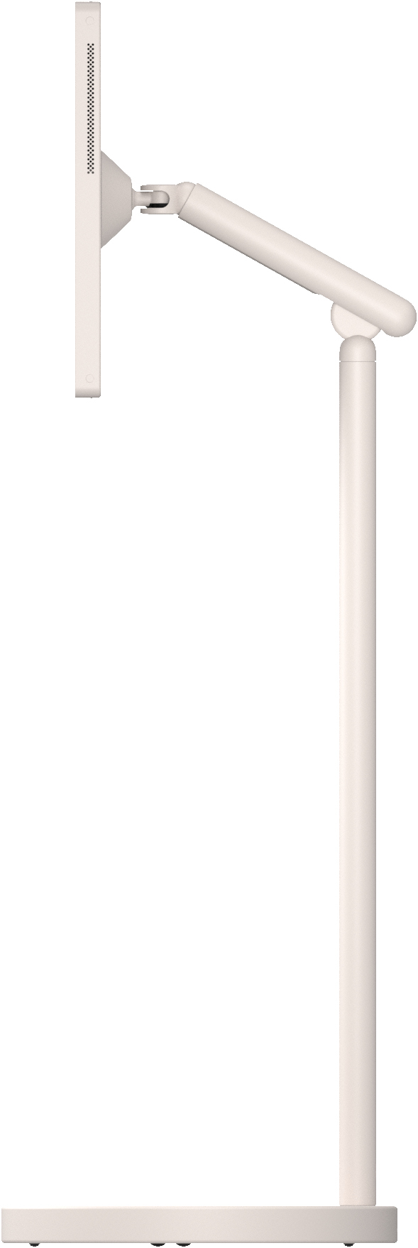 Ein heller Monitorarm mit einem runden Sockel und einem schlanken Mast.