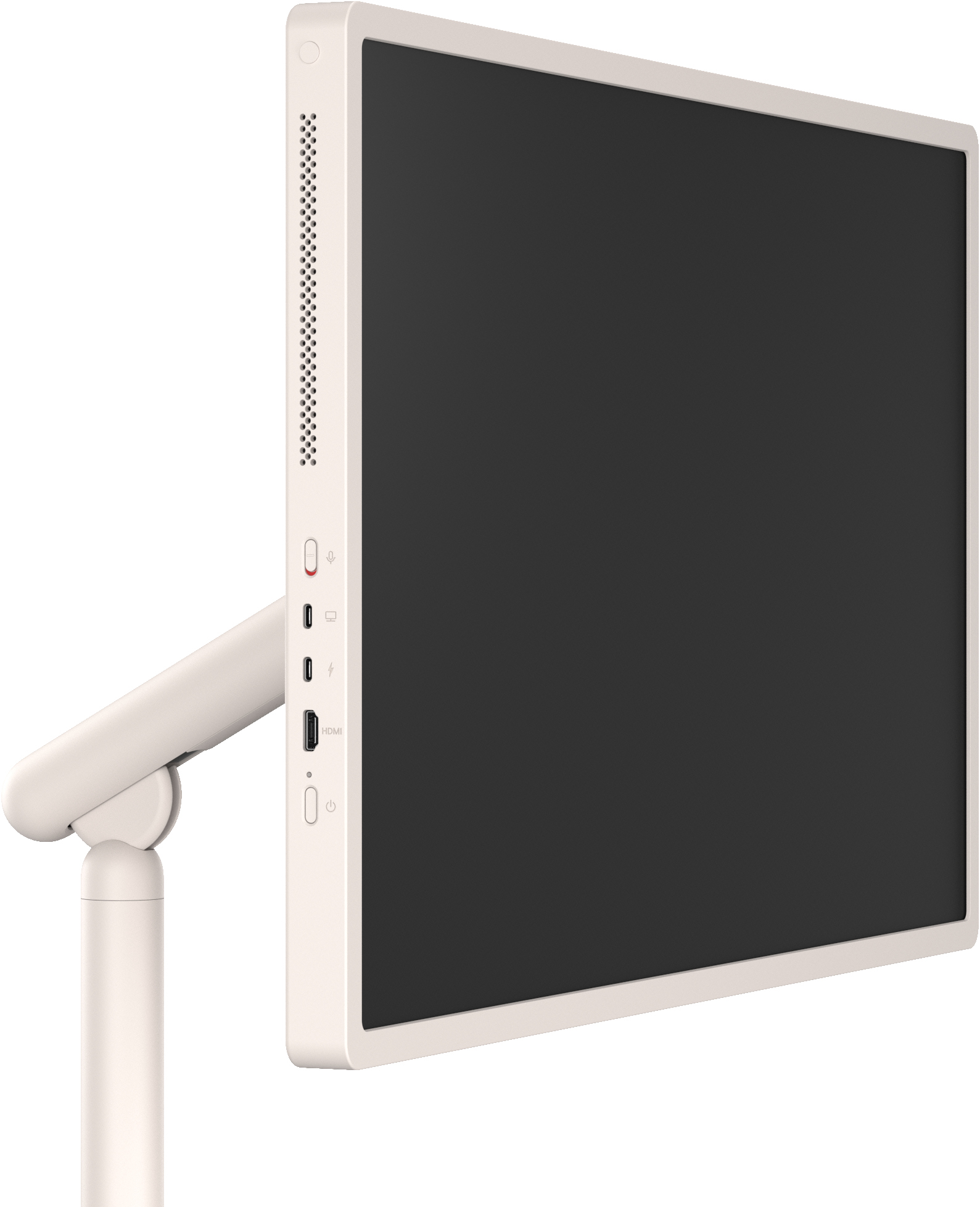 Ein beigefarbener Monitor mit dunklem Bildschirm und Anschlüssen an der Seite.