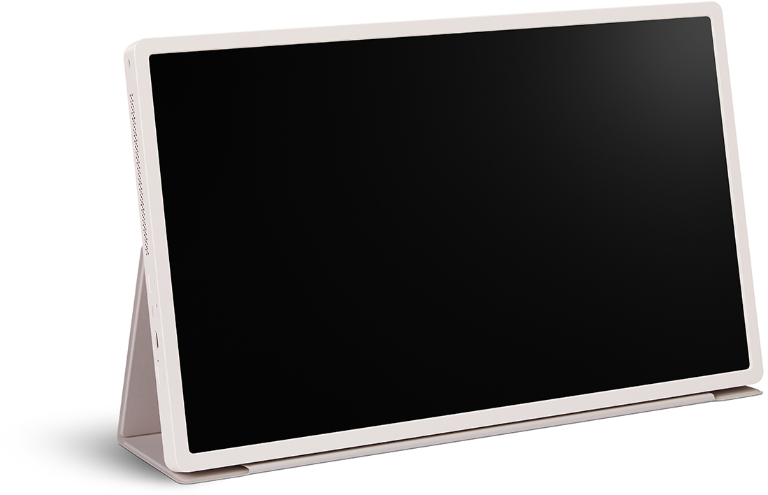 Ein heller Tablet-Ständer stützt ein schwarzes Tablet mit weißem Rahmen.