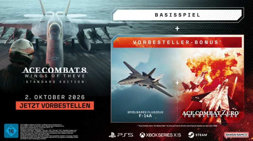 Ein Kampfflugzeug auf einem Flugzeugträger, mit Spielinfo und Bonus-Inhalt.