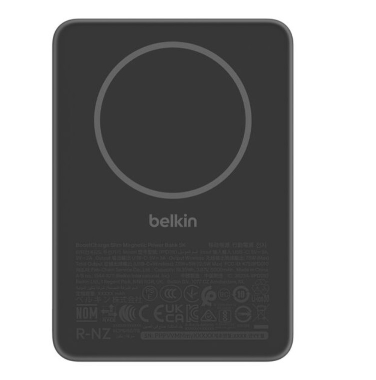 Siyah Belkin BoostCharge Slim manyetik powerbank, dairesel tasarımlı.