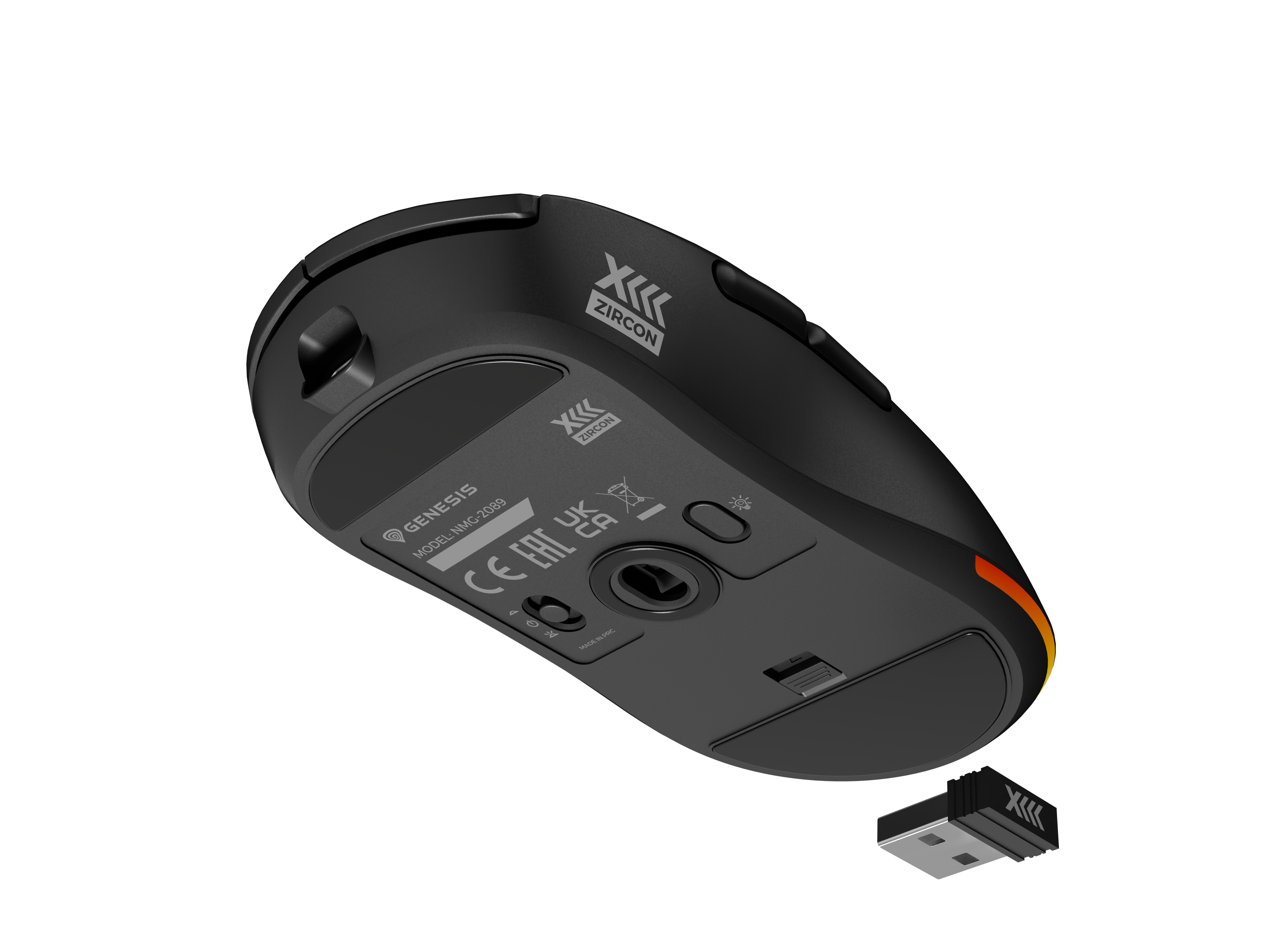 Czarna mysz Genesis Zircon z donglem USB, czarną obudową i pomarańczowym akcentem.