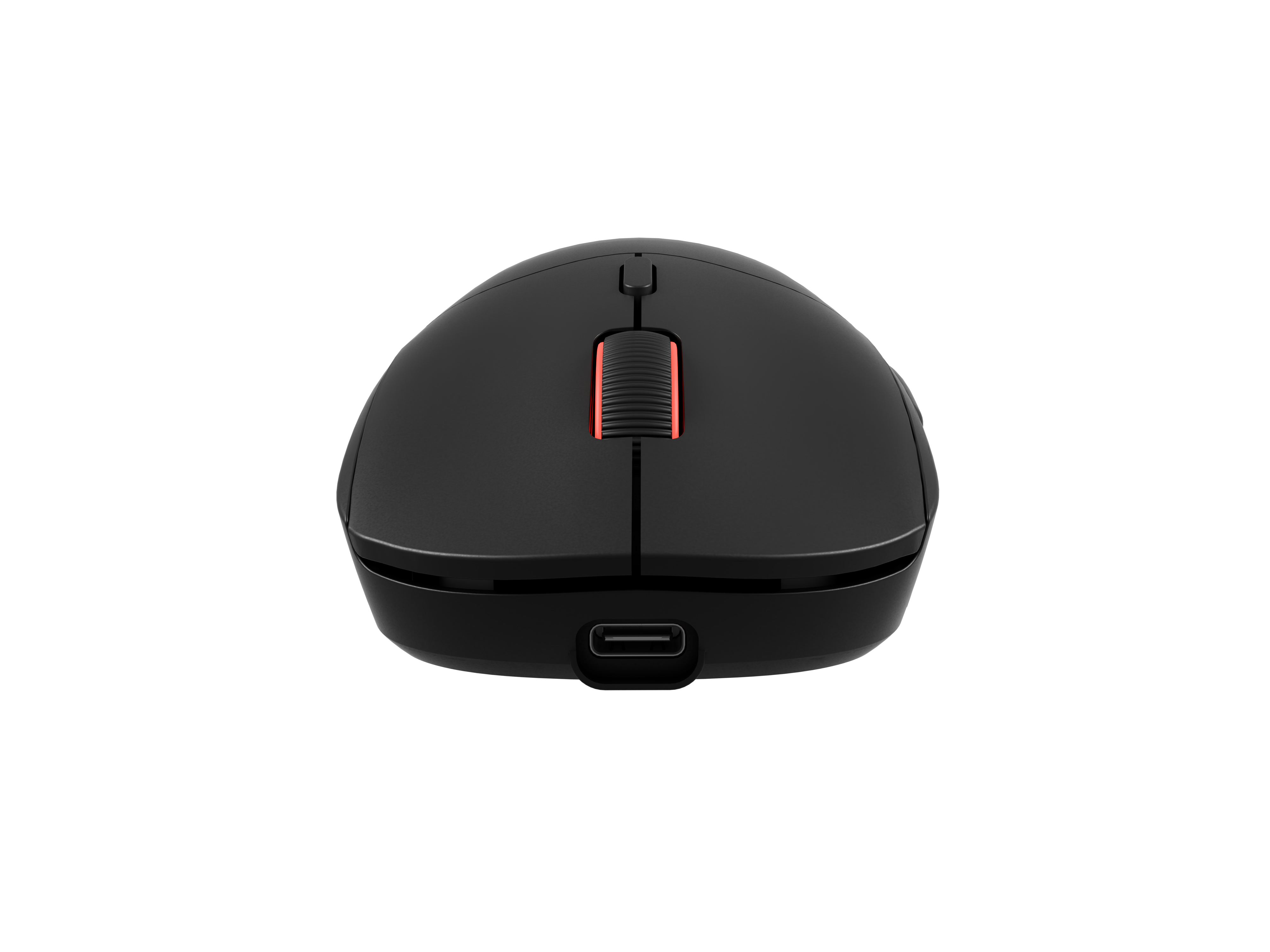 Czarna mysz z czerwonym kółkiem i portem USB-C, na czarnym tle.