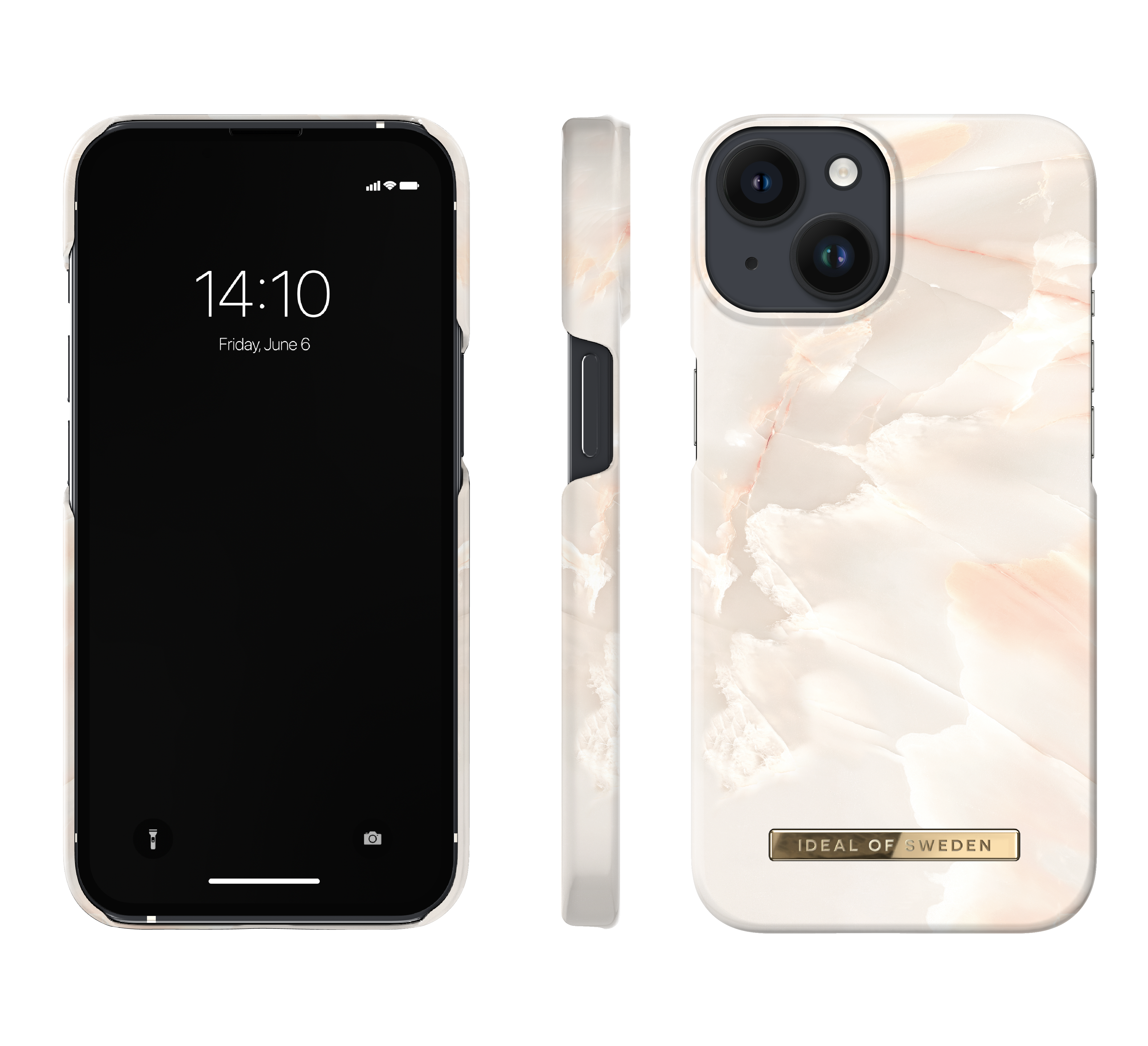 iPhone márvány mintás tokkal, elölnézet, oldalnézet és hátlapi nézet.