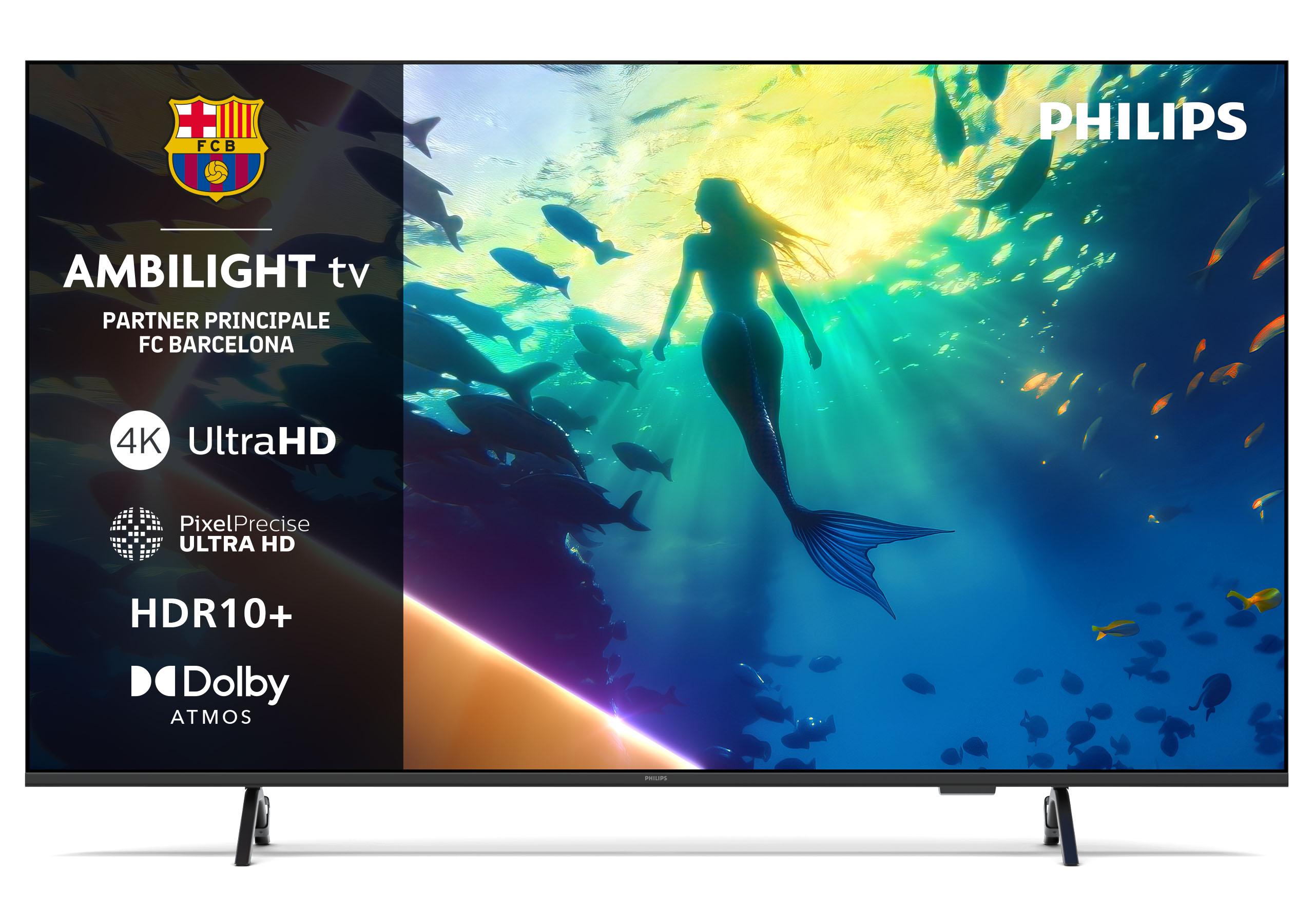 Telewizor Philips Ambilight z logo FC Barcelona. Scena podwodna z syreną i rybami.