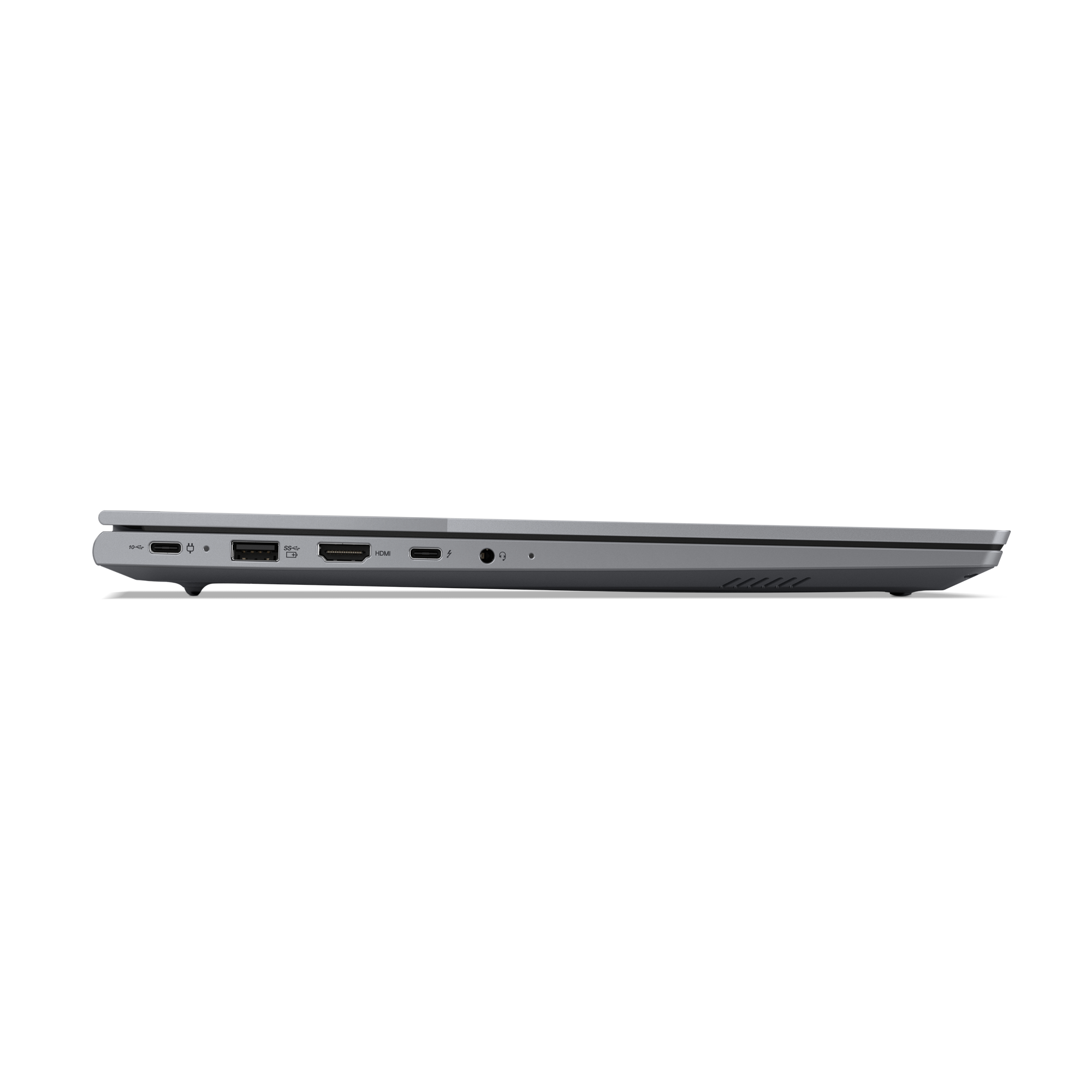 Widok z boku szarego laptopa pokazujący porty USB-C, HDMI i audio.