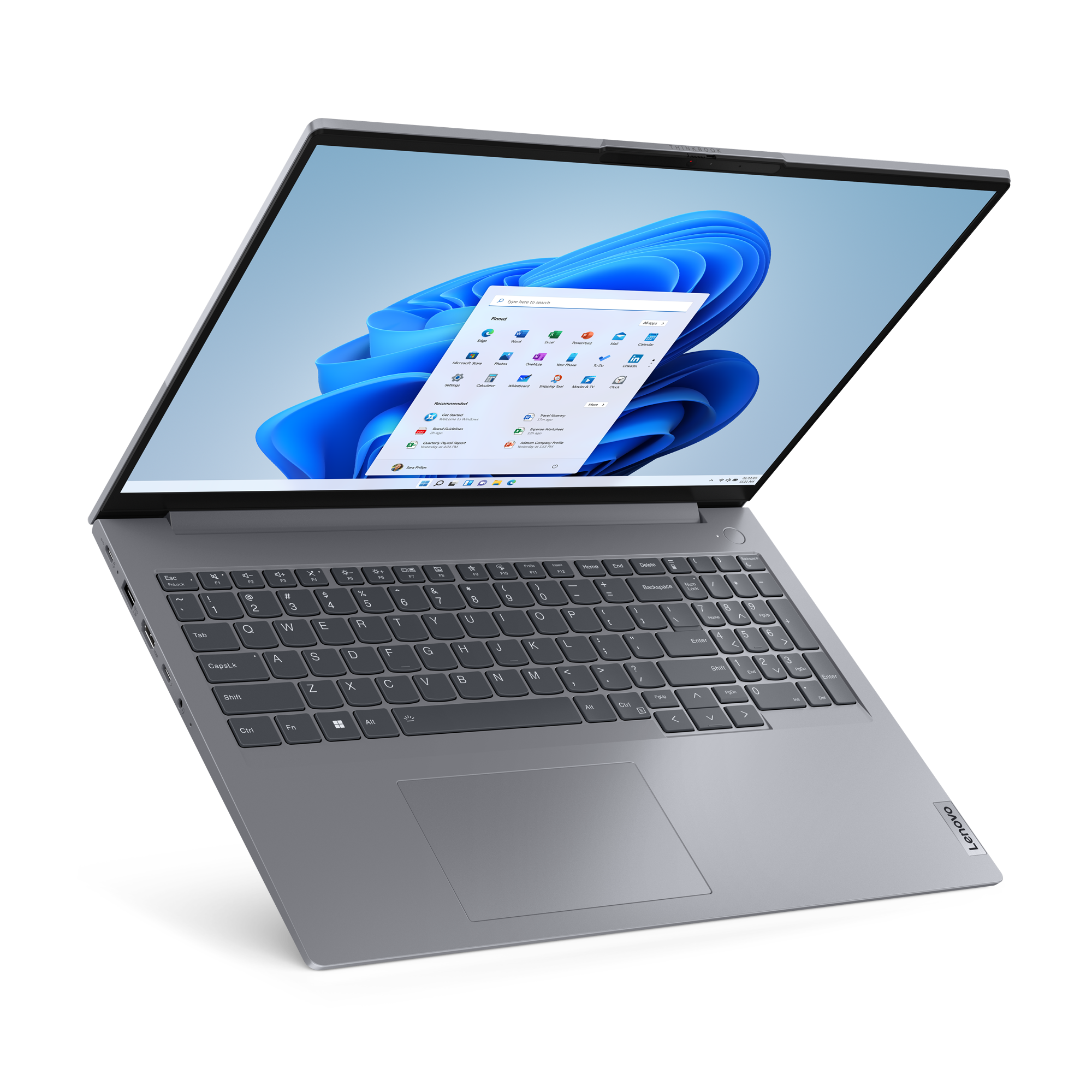 Szary laptop z otwartym ekranem wyświetlającym menu Start systemu Windows 11.