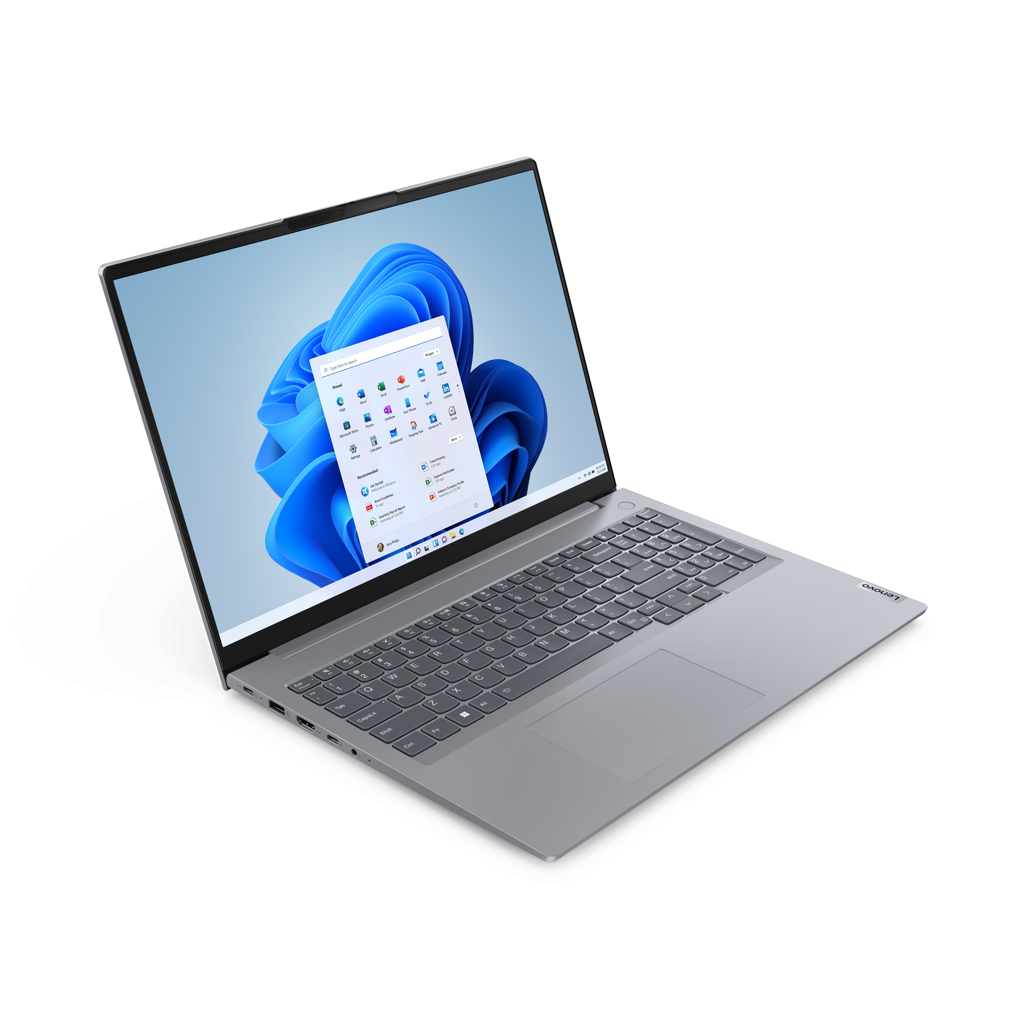 Szary laptop Lenovo z otwartym menu Start systemu Windows 11 na ekranie.