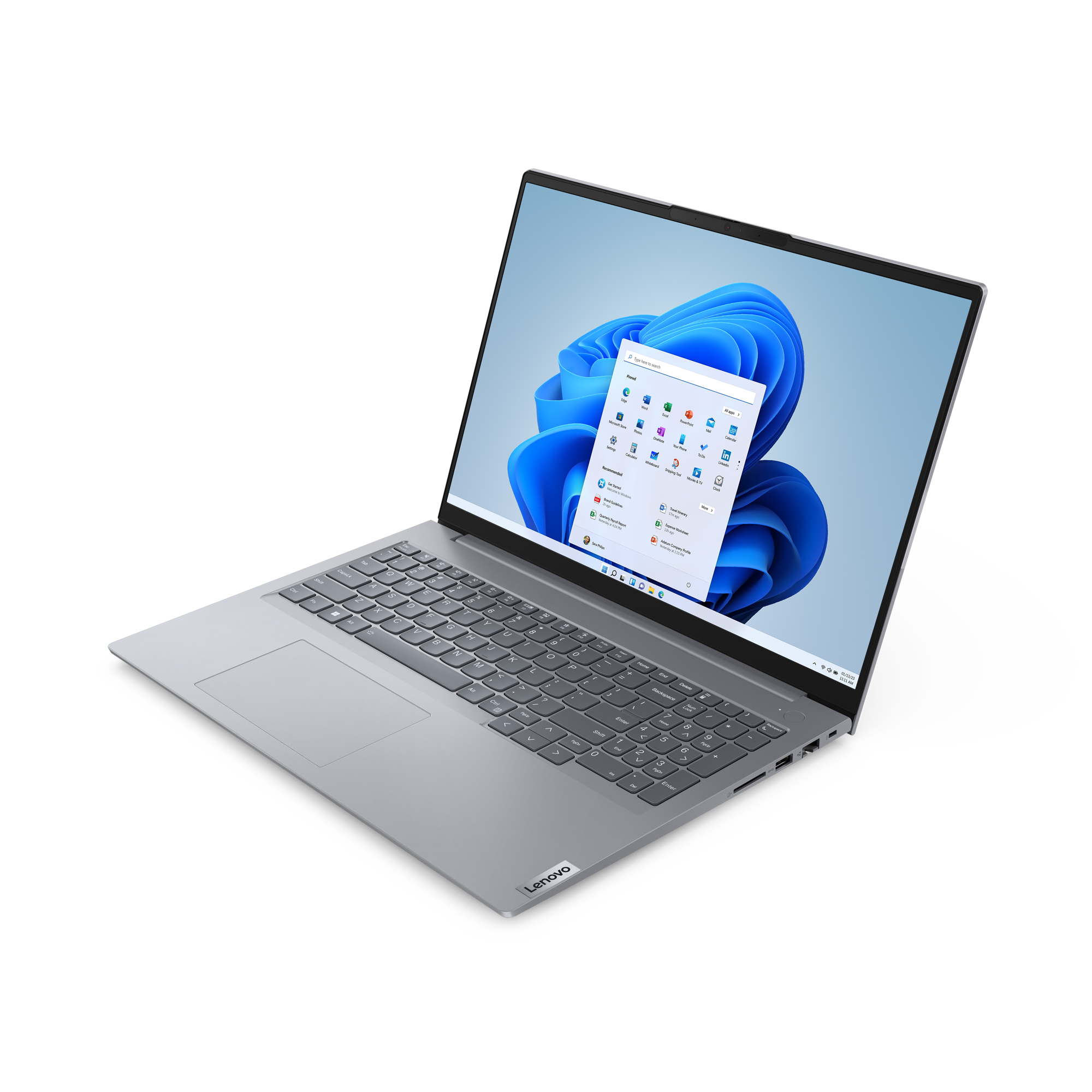 Srebrny laptop Lenovo z systemem Windows 11 na czarnym tle. Klawiatura i touchpad widoczne.