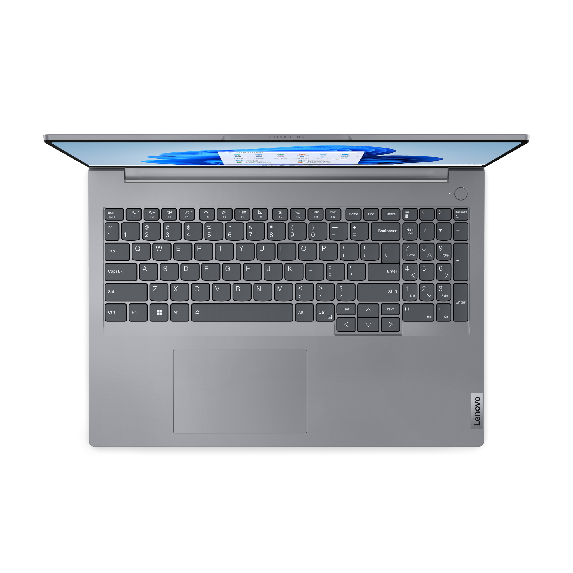 Szary laptop z otwartym ekranem, klawiaturą i touchpadem. Logo na czarnym tle.