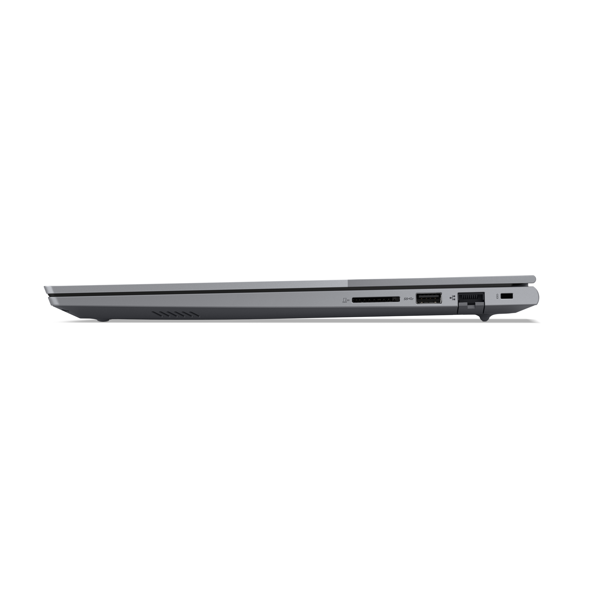Szary laptop widok z boku pokazujący porty: czytnik kart SD, USB, Ethernet i audio.