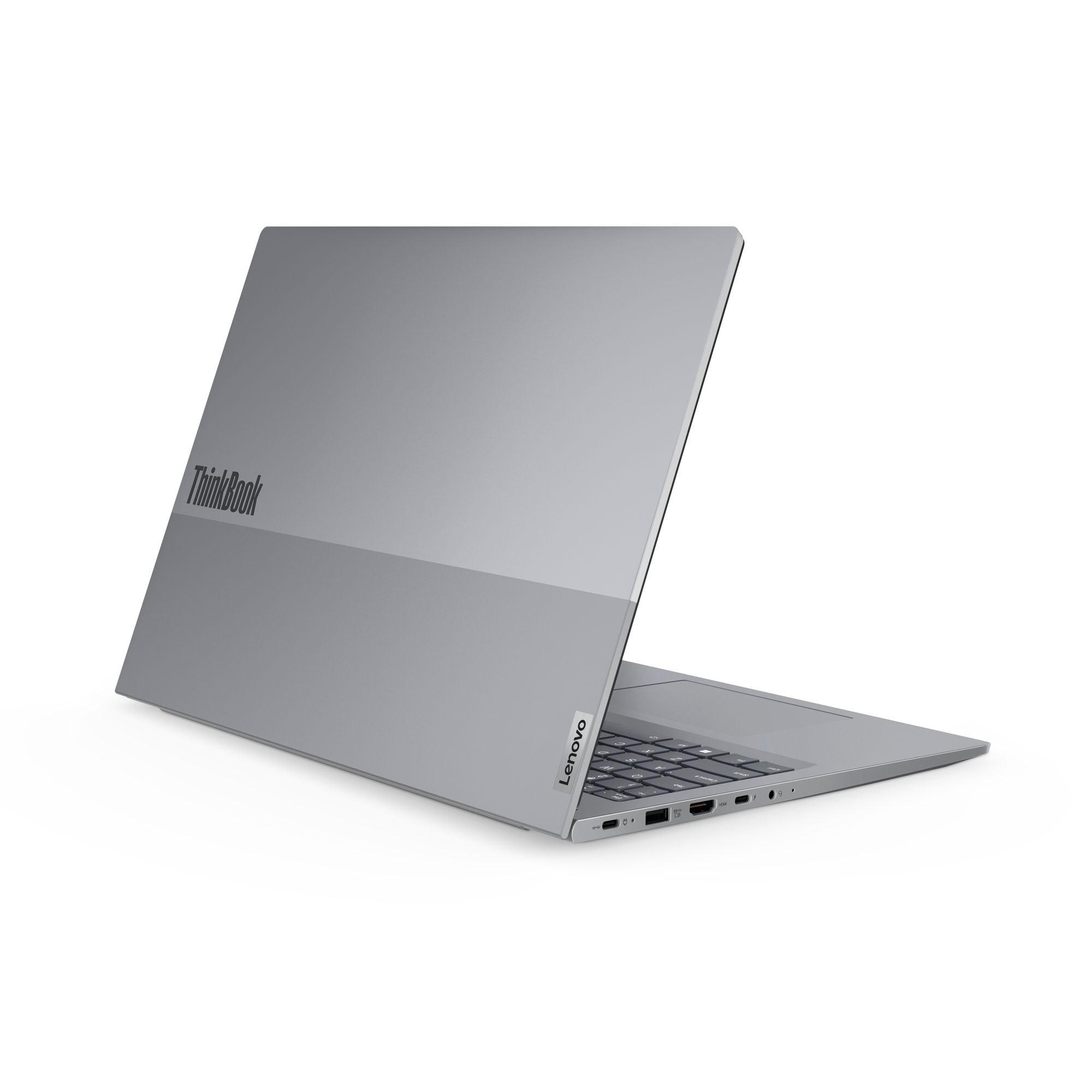 Srebrny laptop Lenovo ThinkBook, otwarty, pokazujący klawiaturę i porty.