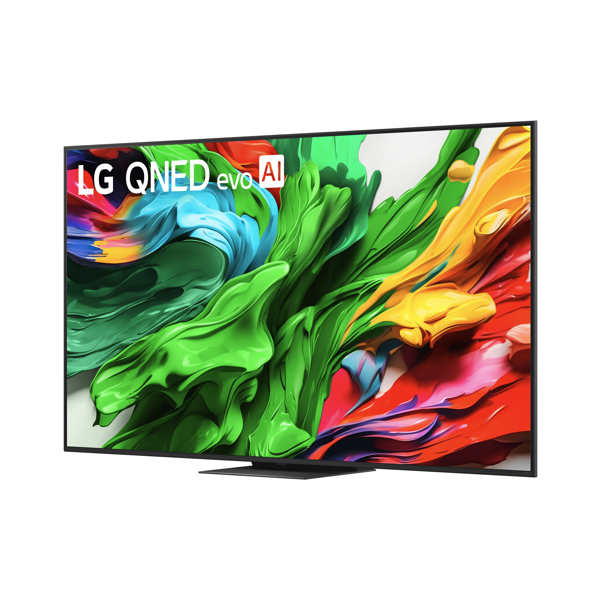 Telewizor LG QNED evo AI wyświetlający żywe abstrakcyjne dzieło sztuki na ekranie.