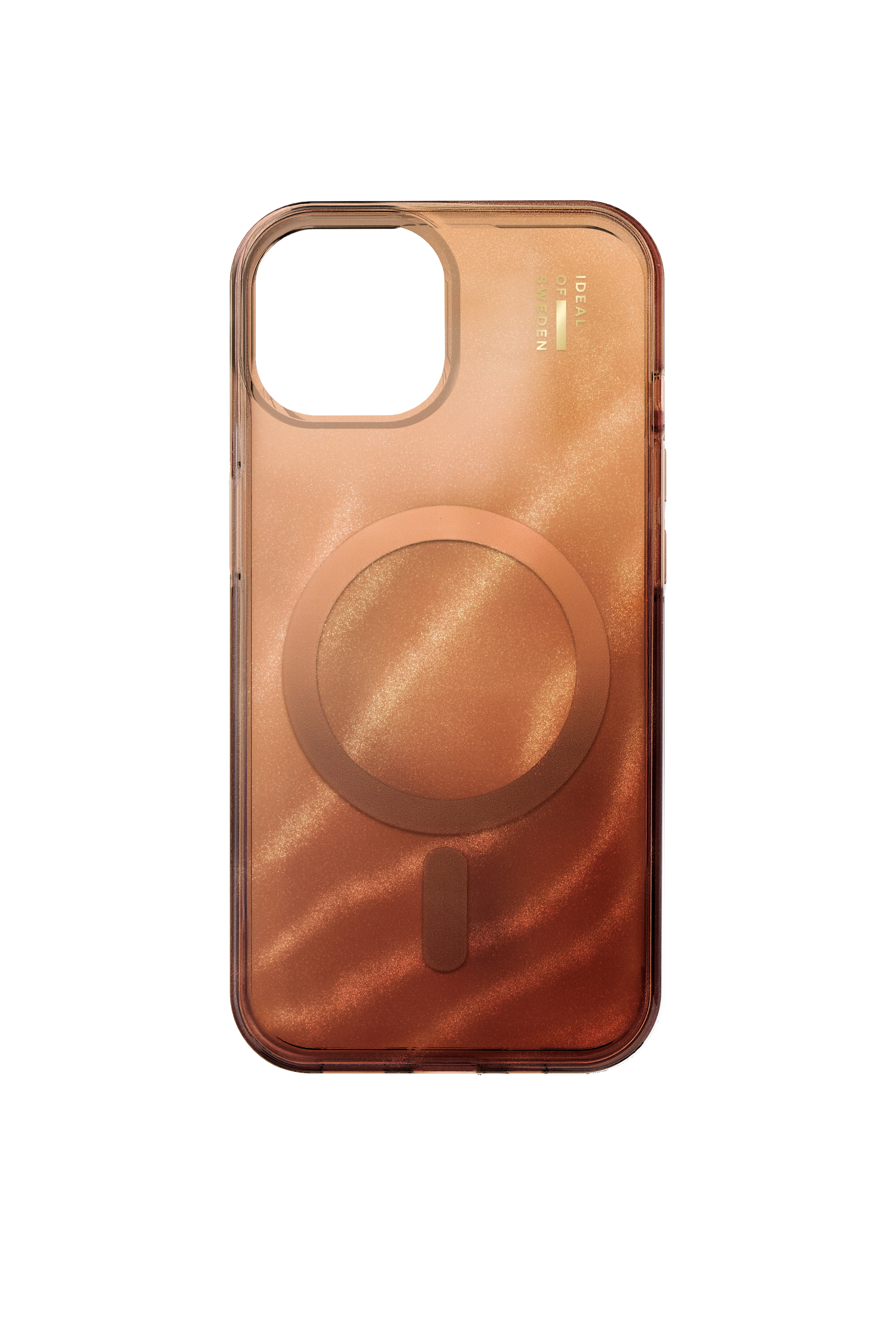 Eine roségoldene Handyhülle mit Glitzer und einem Magnetkreis.