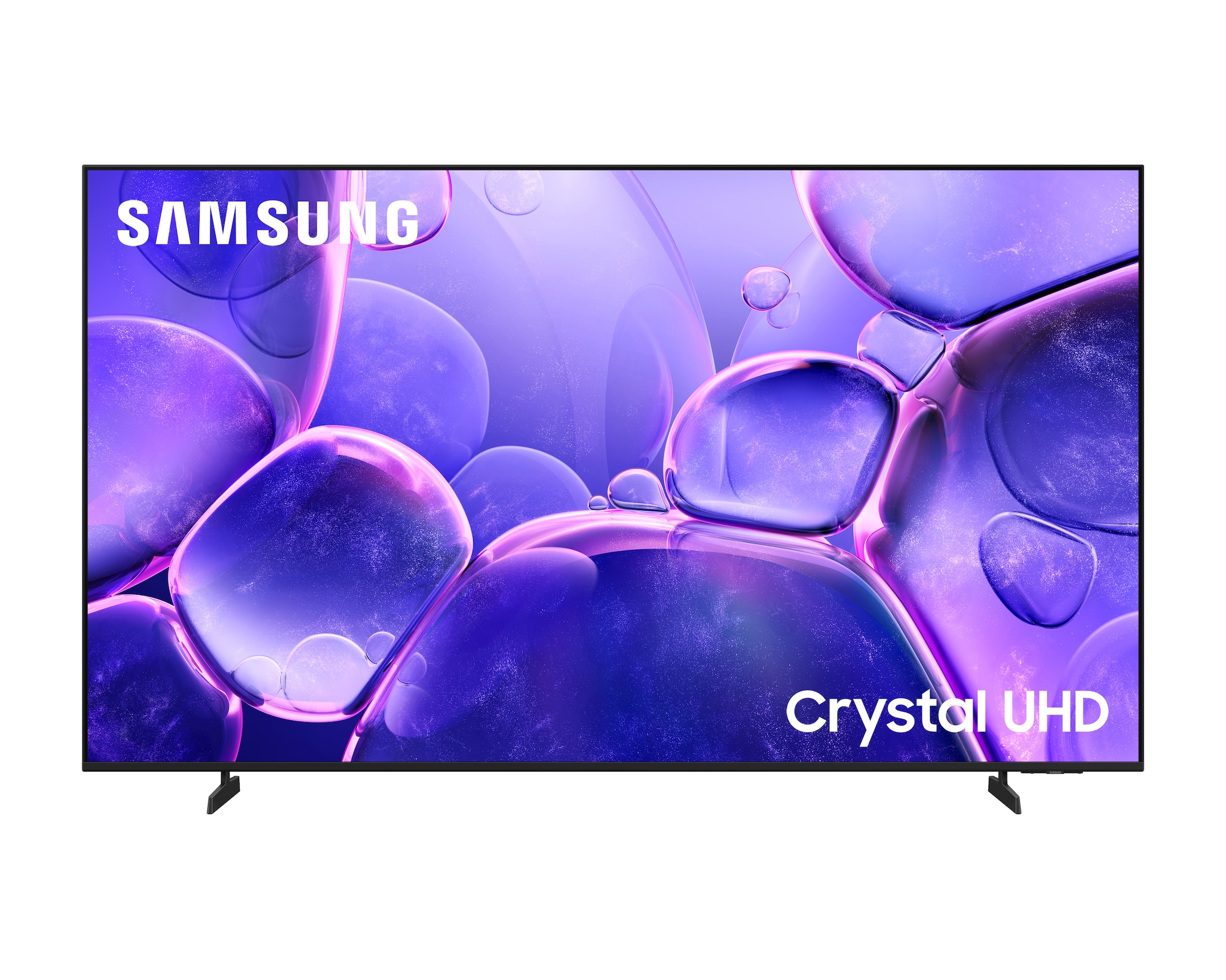 Telewizor Samsung Crystal UHD wyświetla fioletowe tło abstrakcyjne z dużymi, błyszczącymi bąbelkami.
