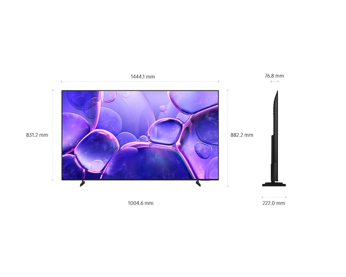 Wymiary TV: szerokość 1444,1 mm, wysokość 831,2 mm. Widok z boku: grubość 76,8 mm, głębokość 222,0 mm.
