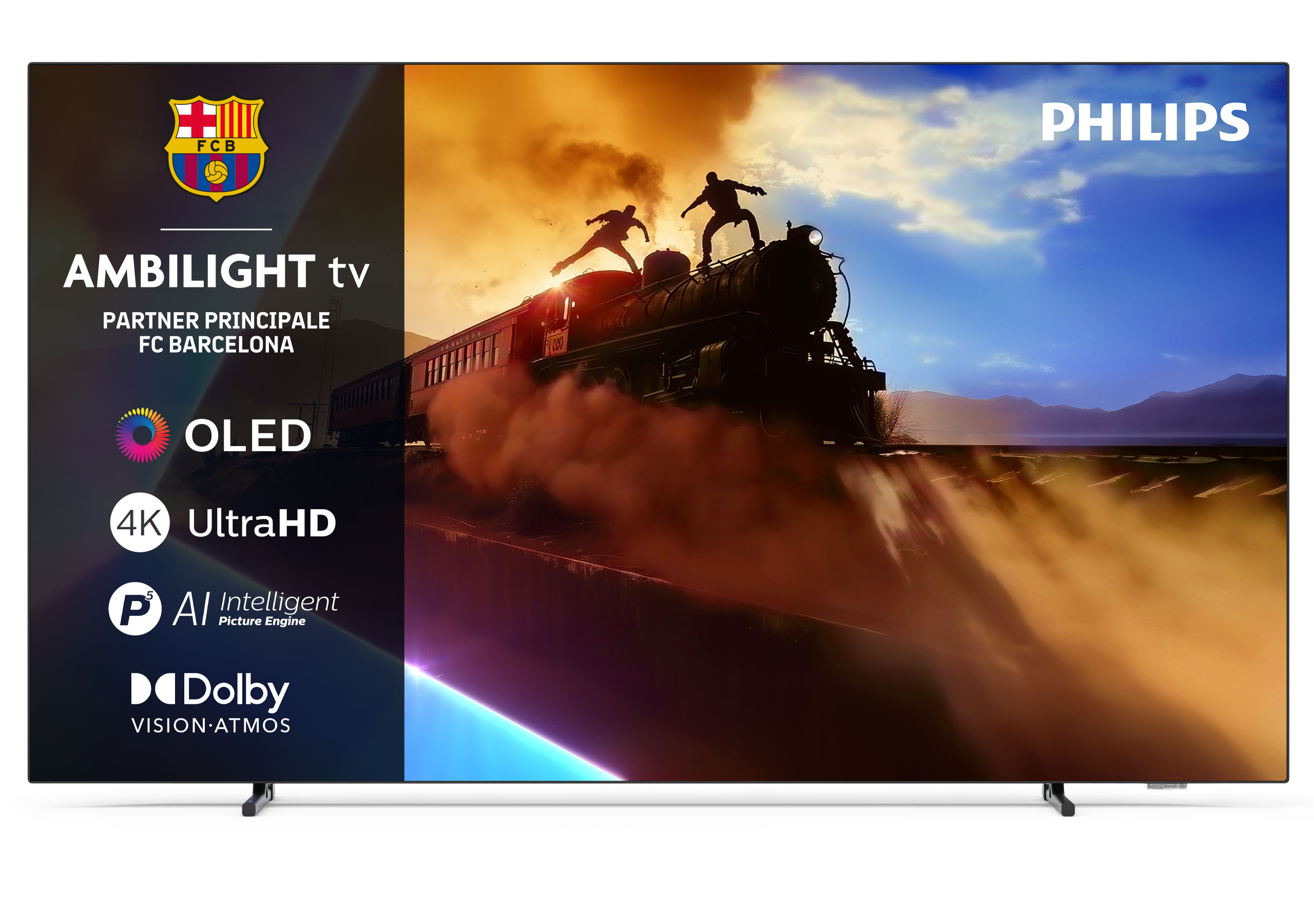 Telewizor z logo FC Barcelona, Ambilight, OLED, 4K UltraHD. Lokomotywa parowa z sylwetkami.