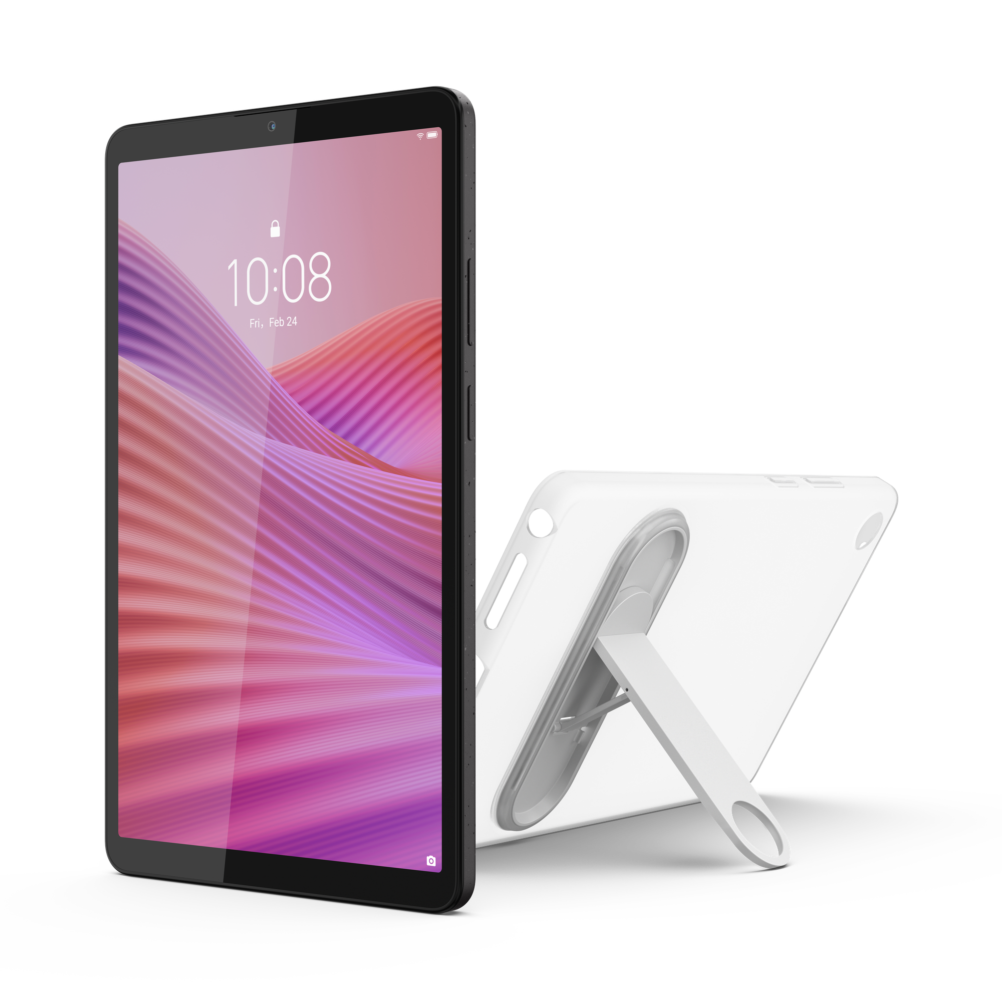 Ein schwarzes Tablet mit pink-lila Hintergrund steht links. Rechts ein graues Tablet mit Ständer.