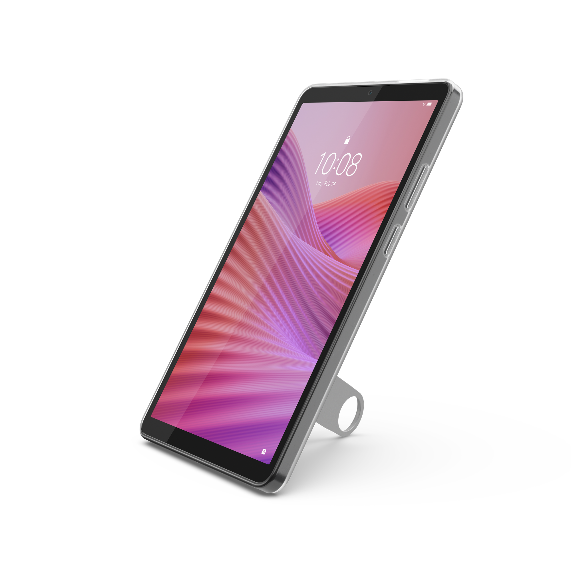 Ein silbernes Tablet mit rosa und lila Hintergrund steht auf einem schwarzen Hintergrund.