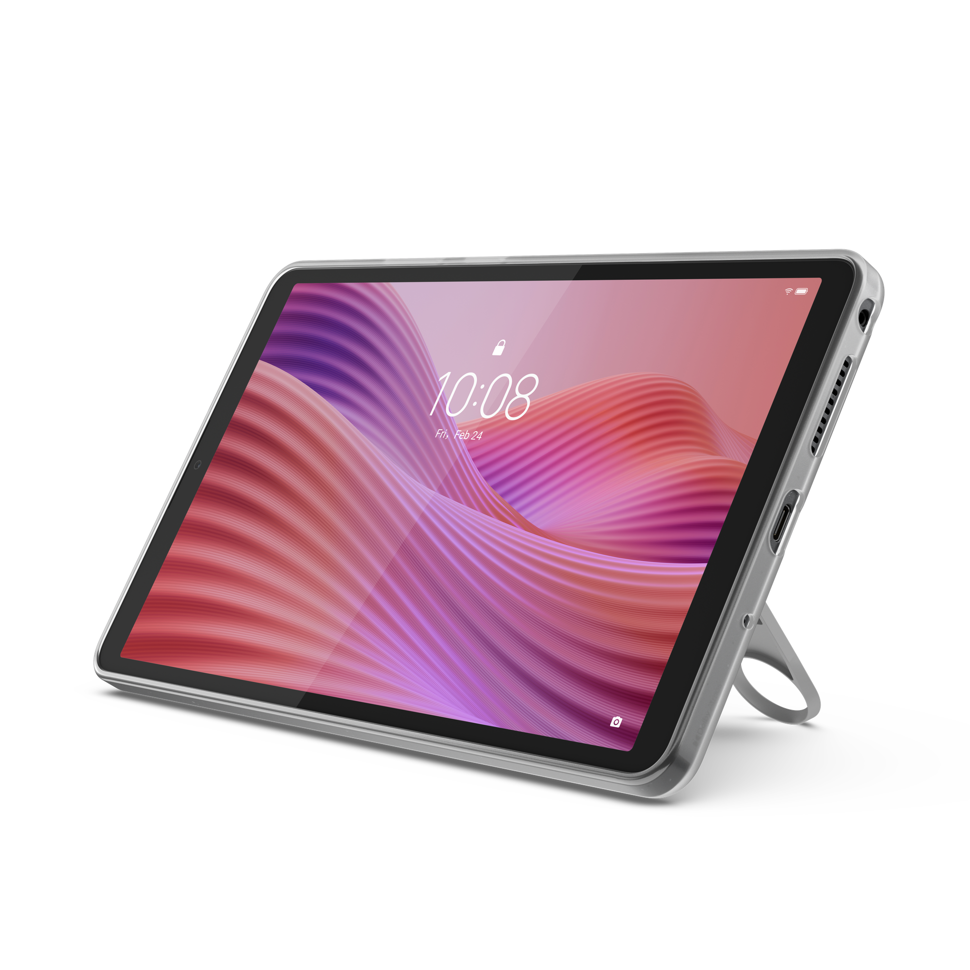 Ein silbernes Tablet mit einem dynamischen, wellenförmigen Hintergrund auf dem Bildschirm.
